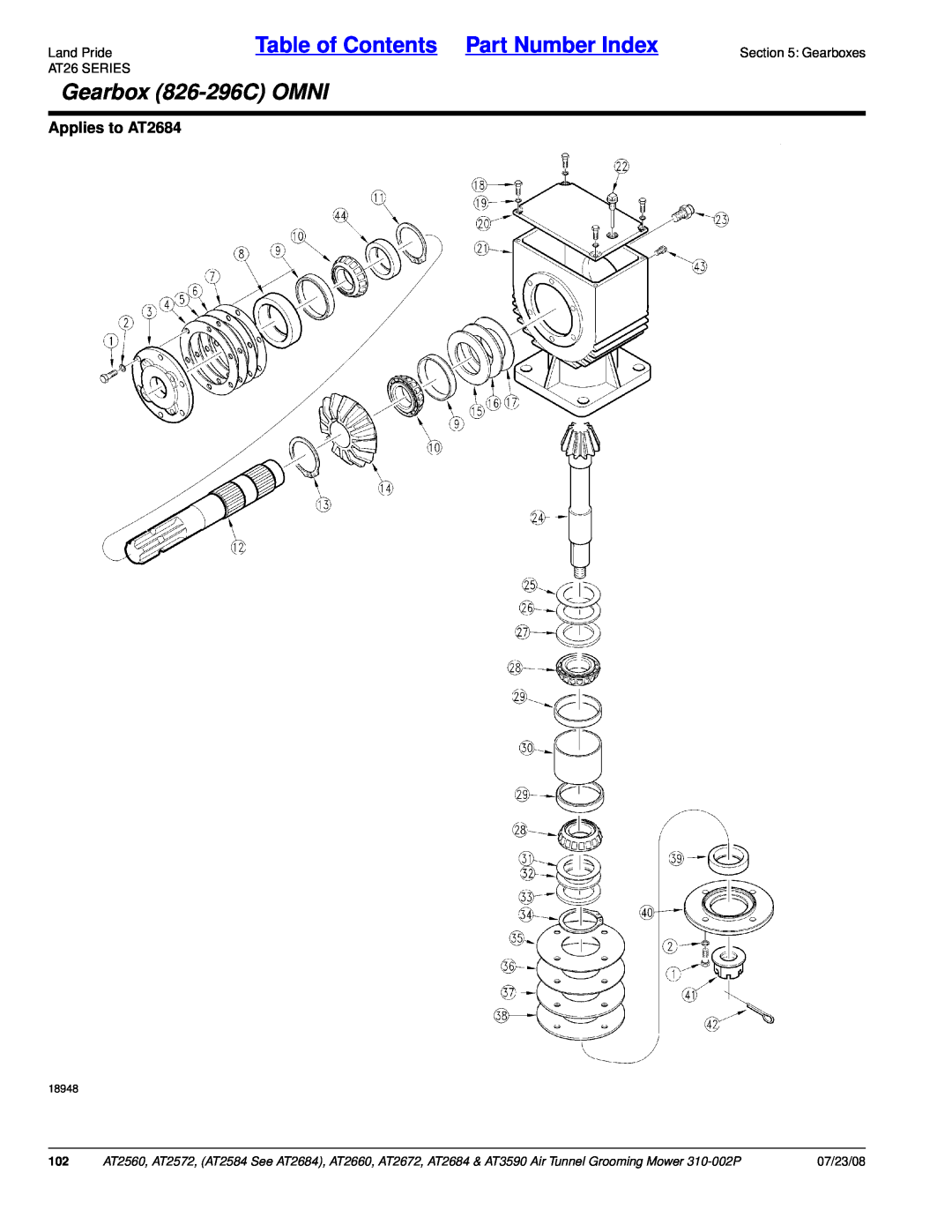 Land Pride AT2672 Land PrideTable of Contents Part Number Index, Gearbox 826-296COMNI, Applies to AT2684, 07/23/08, 18948 