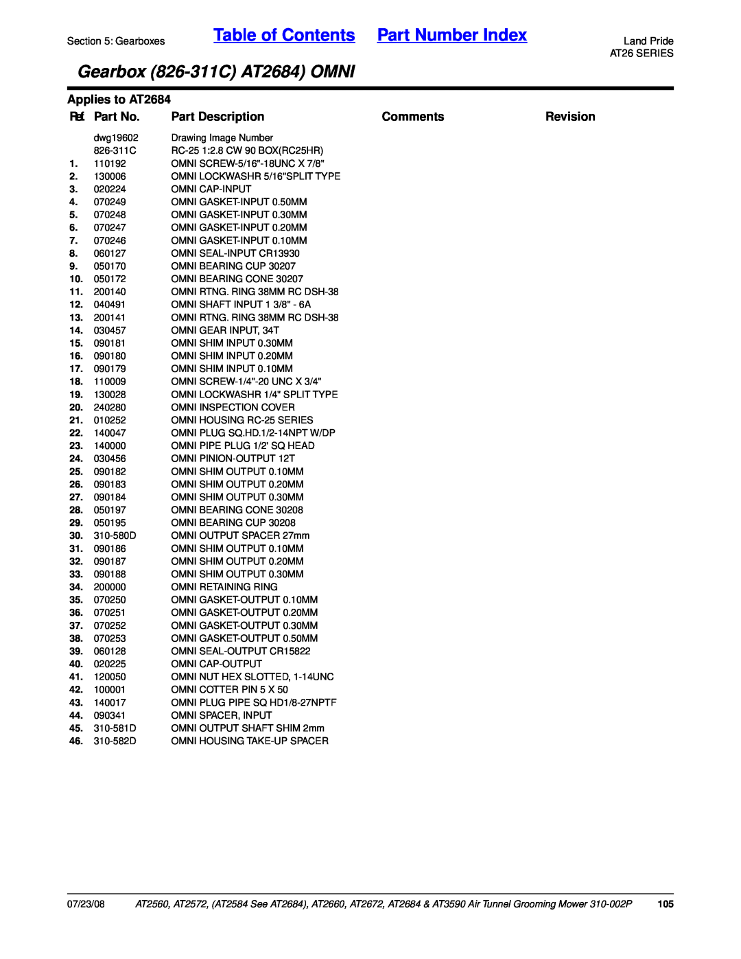 Land Pride Table of Contents Part Number Index, Gearbox 826-311CAT2684 OMNI, Applies to AT2684, Ref. Part No, Comments 