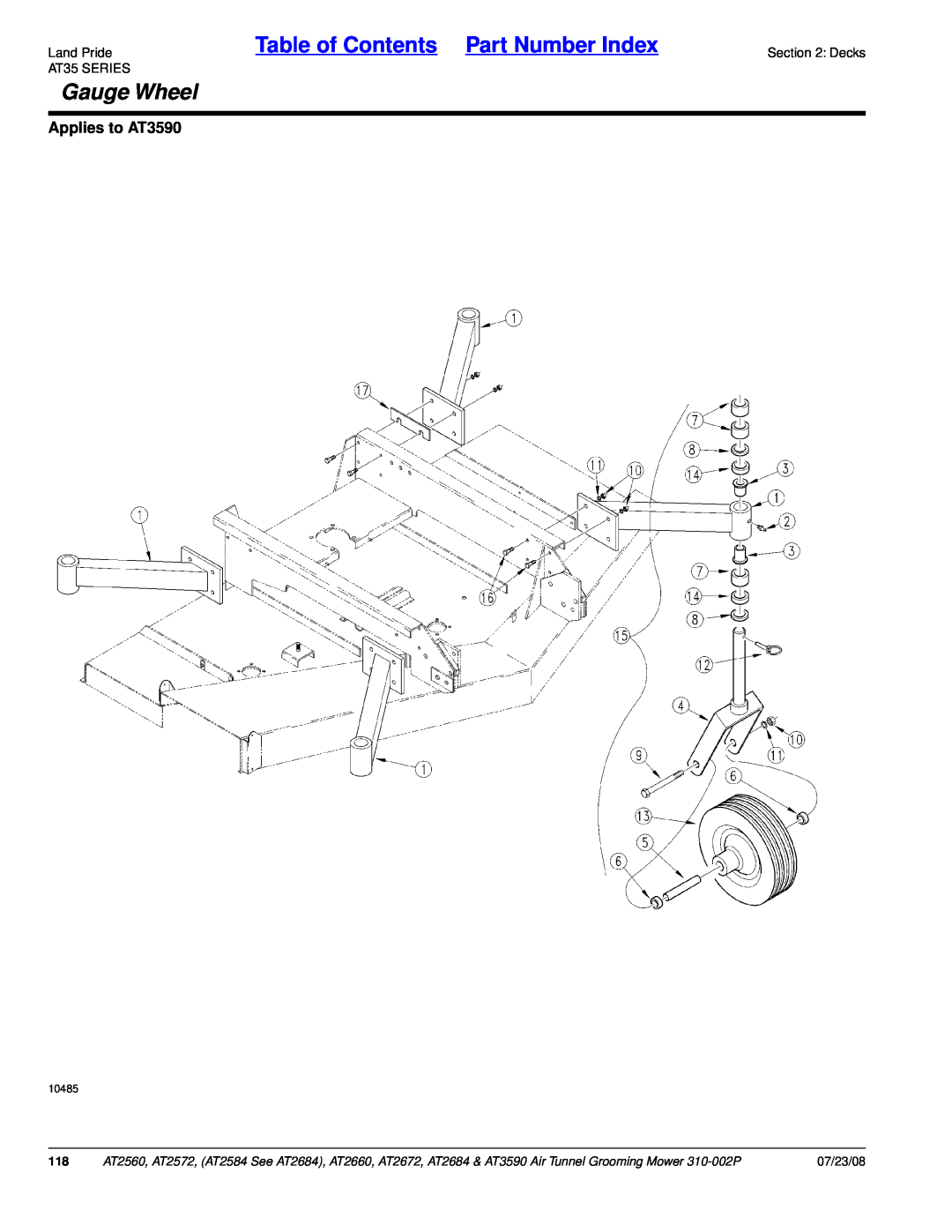 Land Pride AT2584, AT2684, AT2672 manual Table of Contents Part Number Index, Gauge Wheel, Applies to AT3590, 07/23/08, 10485 