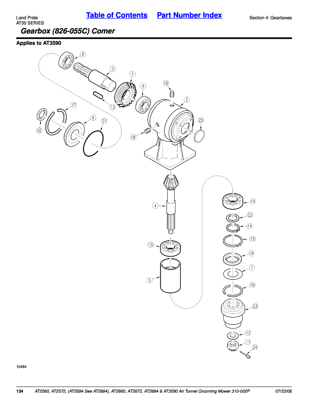 Land Pride AT2660 Gearbox 826-055CComer, Land PrideTable of Contents Part Number Index, Applies to AT3590, 07/23/08, 10484 