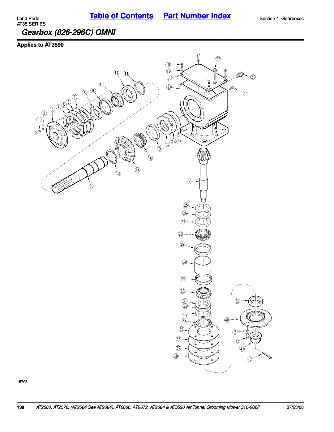 Land Pride AT2584 Land PrideTable of Contents Part Number Index, Gearbox 826-296COMNI, Applies to AT3590, 07/23/08, 18706 