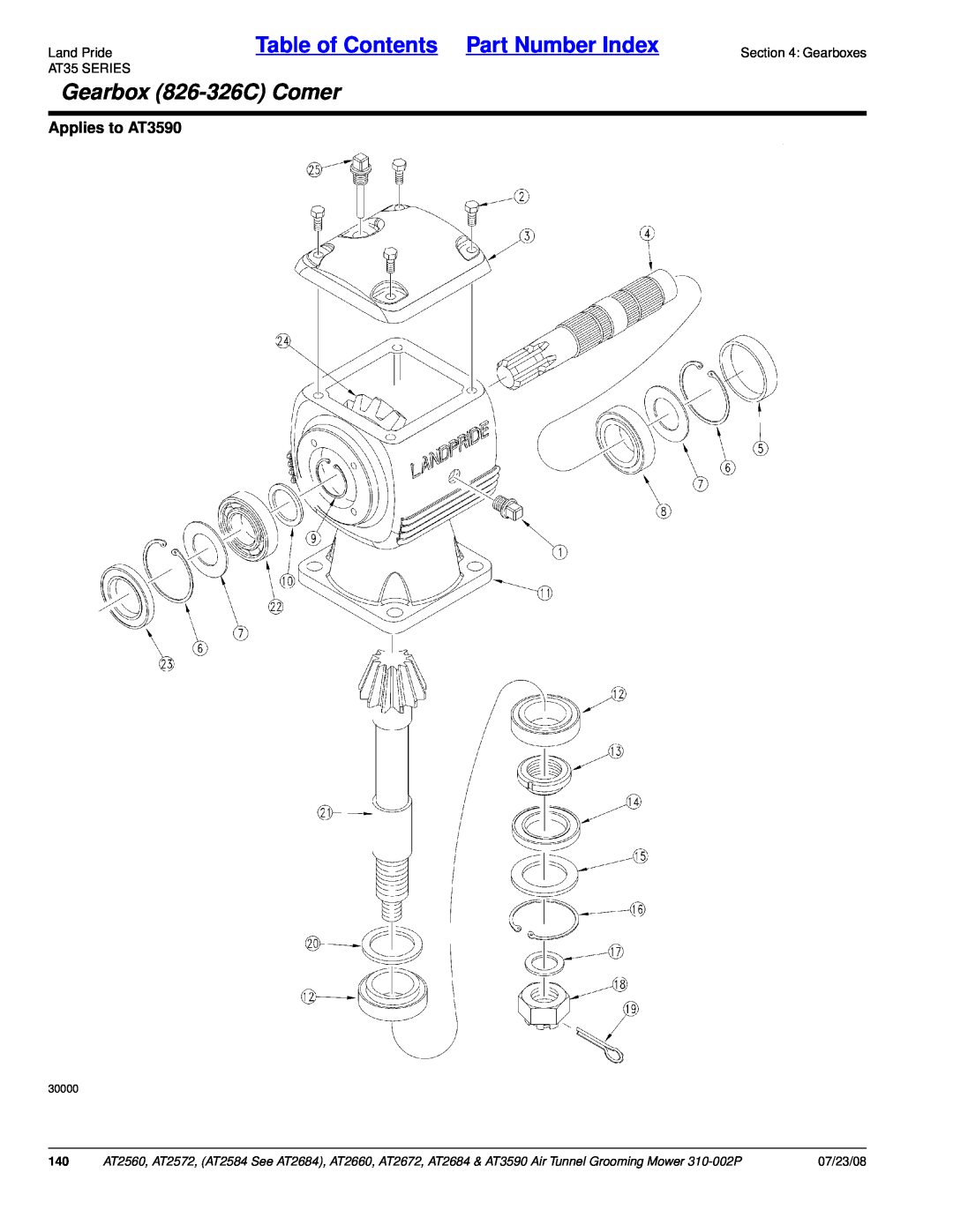 Land Pride AT2684 Gearbox 826-326CComer, Land PrideTable of Contents Part Number Index, Applies to AT3590, 07/23/08, 30000 