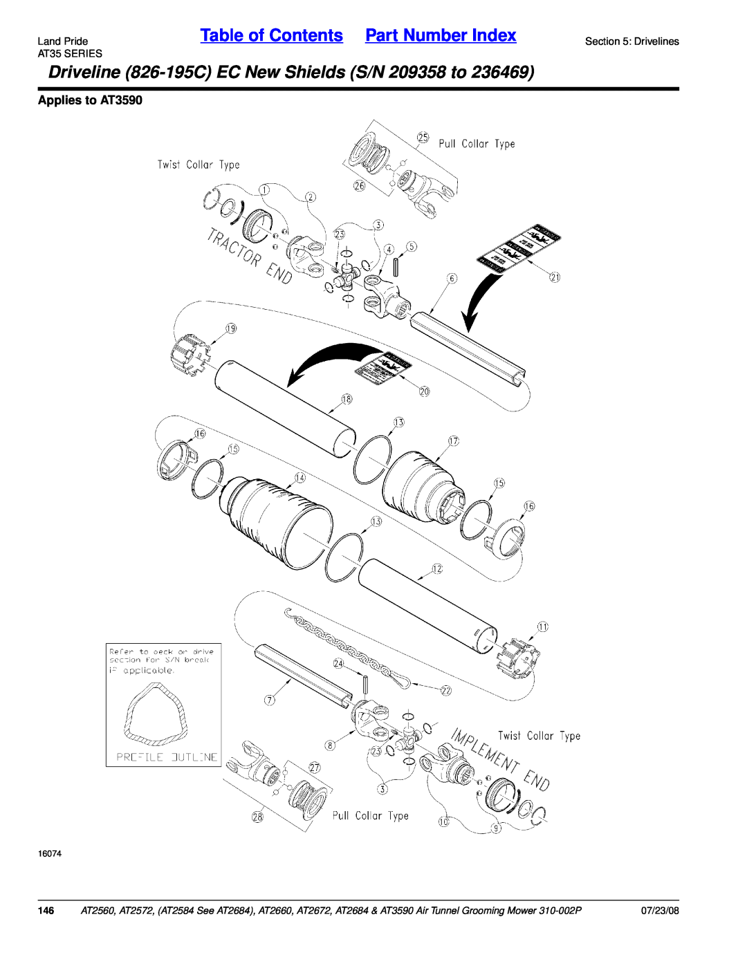 Land Pride manual Driveline 826-195CEC New Shields S/N 209358 to, Table of Contents Part Number Index, Applies to AT3590 