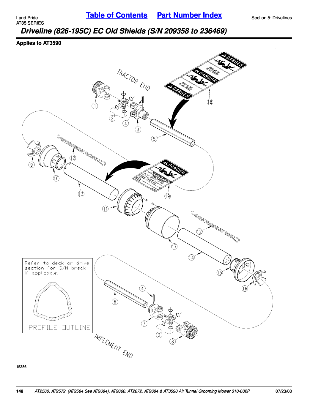 Land Pride AT2584 Driveline 826-195CEC Old Shields S/N 209358 to, Table of Contents Part Number Index, Applies to AT3590 