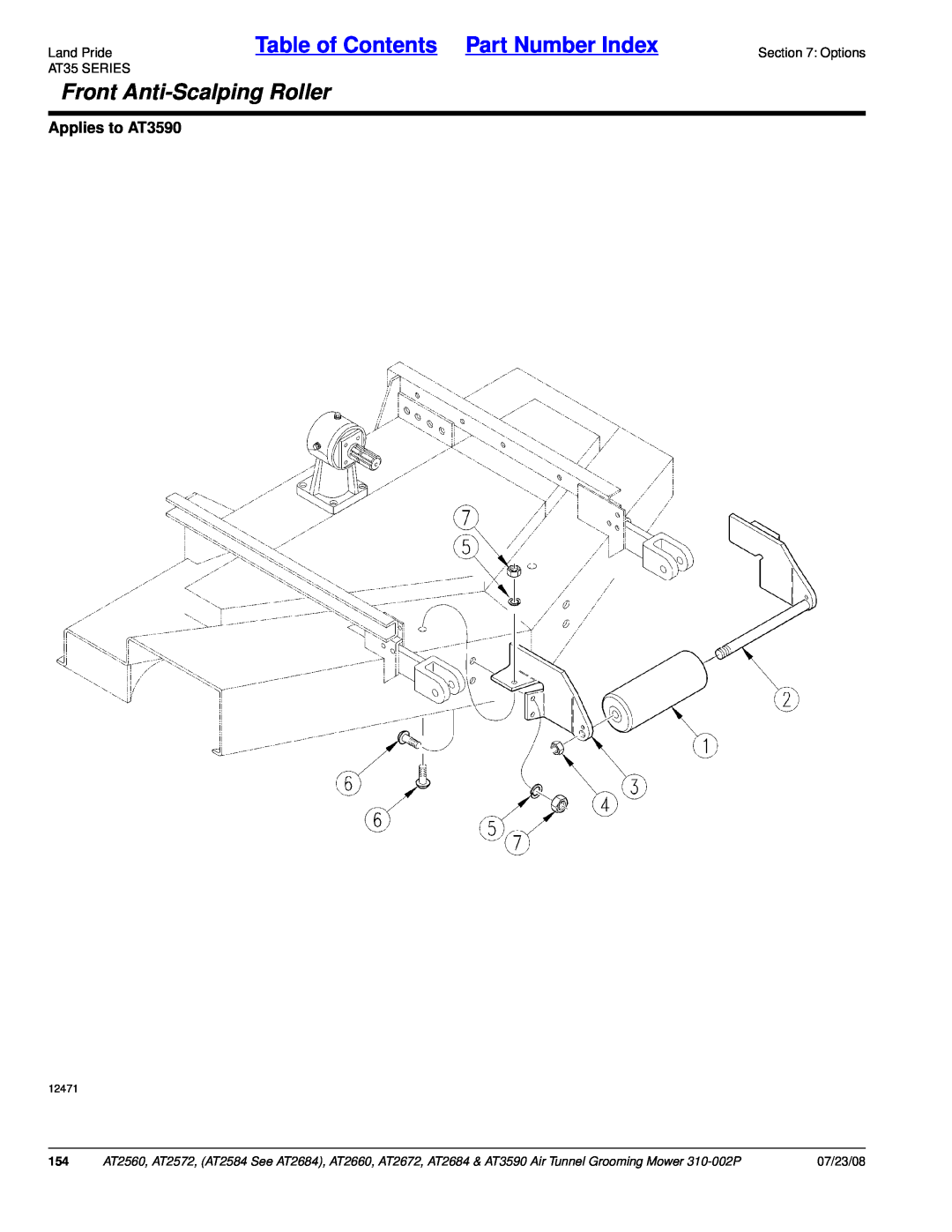 Land Pride AT2660 Land PrideTable of Contents Part Number Index, Front Anti-ScalpingRoller, Applies to AT3590, 07/23/08 