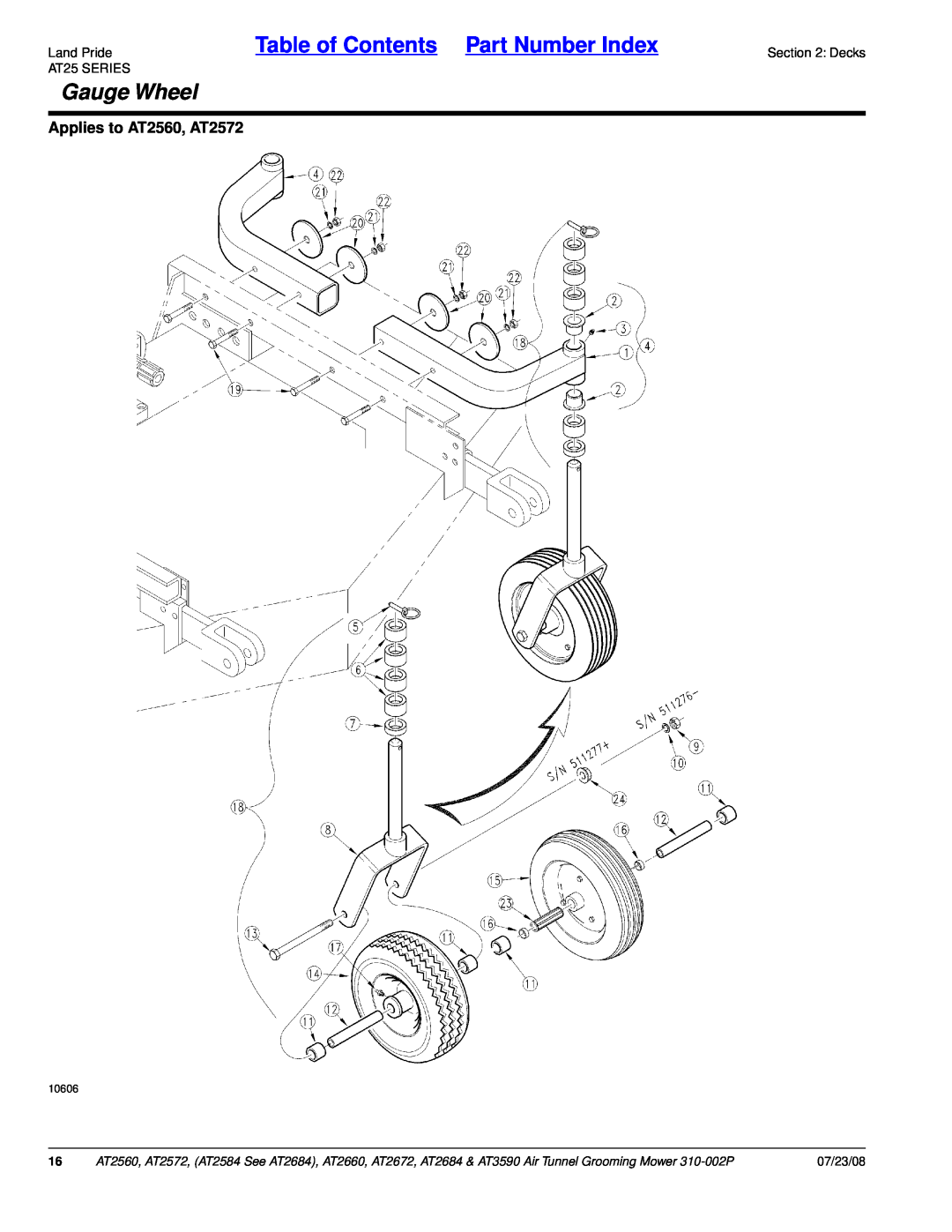 Land Pride AT3590, AT2684 Gauge Wheel, Table of Contents Part Number Index, Applies to AT2560, AT2572, 07/23/08, 10606 