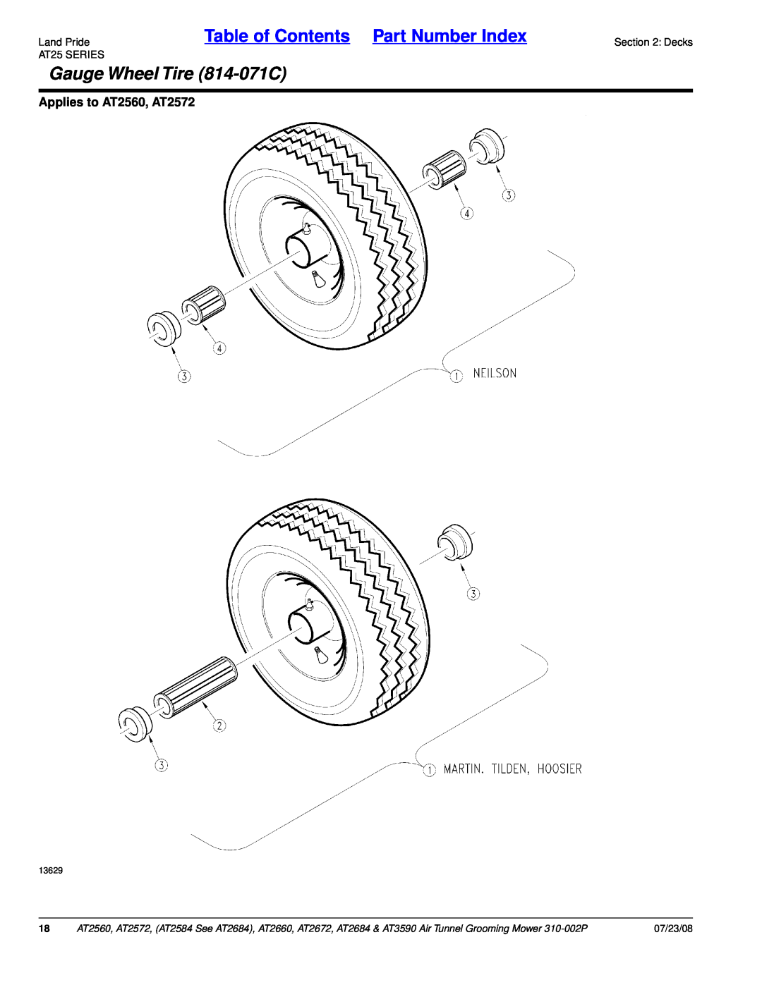 Land Pride AT2584 Land PrideTable of Contents Part Number Index, Gauge Wheel Tire 814-071C, Applies to AT2560, AT2572 