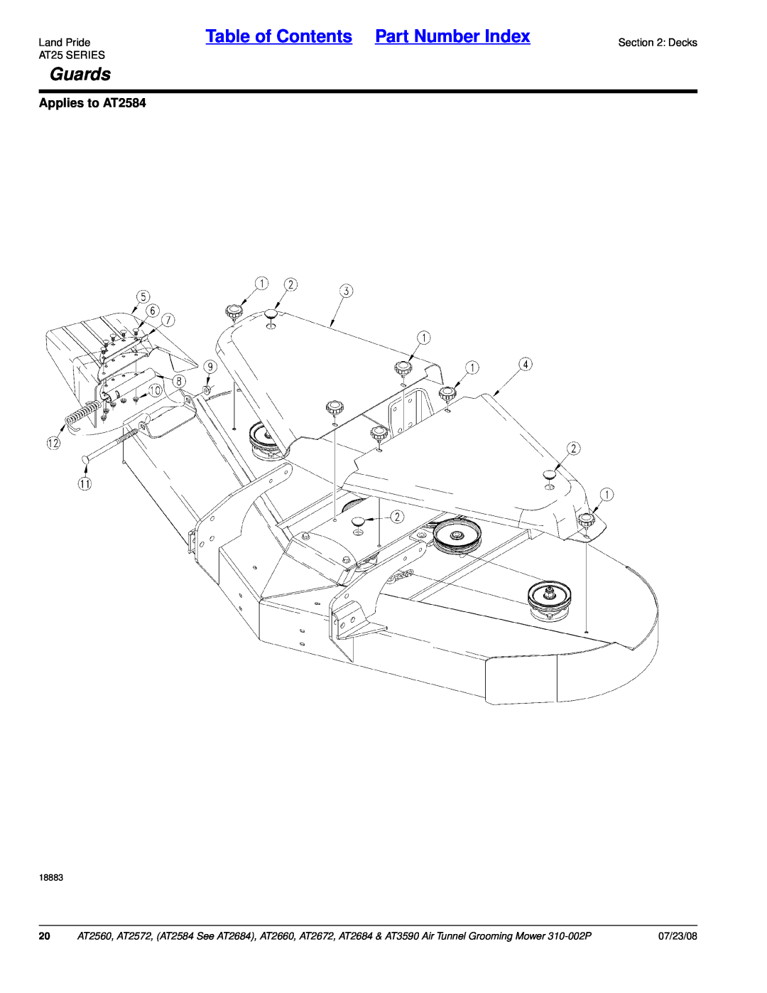 Land Pride AT2684, AT3590, AT2672, AT2660 Guards, Table of Contents Part Number Index, Applies to AT2584, 07/23/08, 18883 