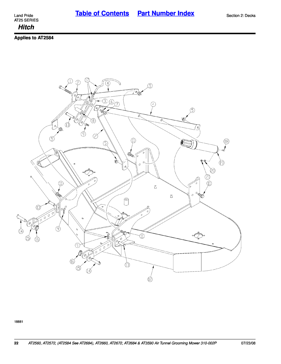 Land Pride AT2672, AT2684, AT3590, AT2660 Hitch, Table of Contents Part Number Index, Applies to AT2584, 07/23/08, 18881 
