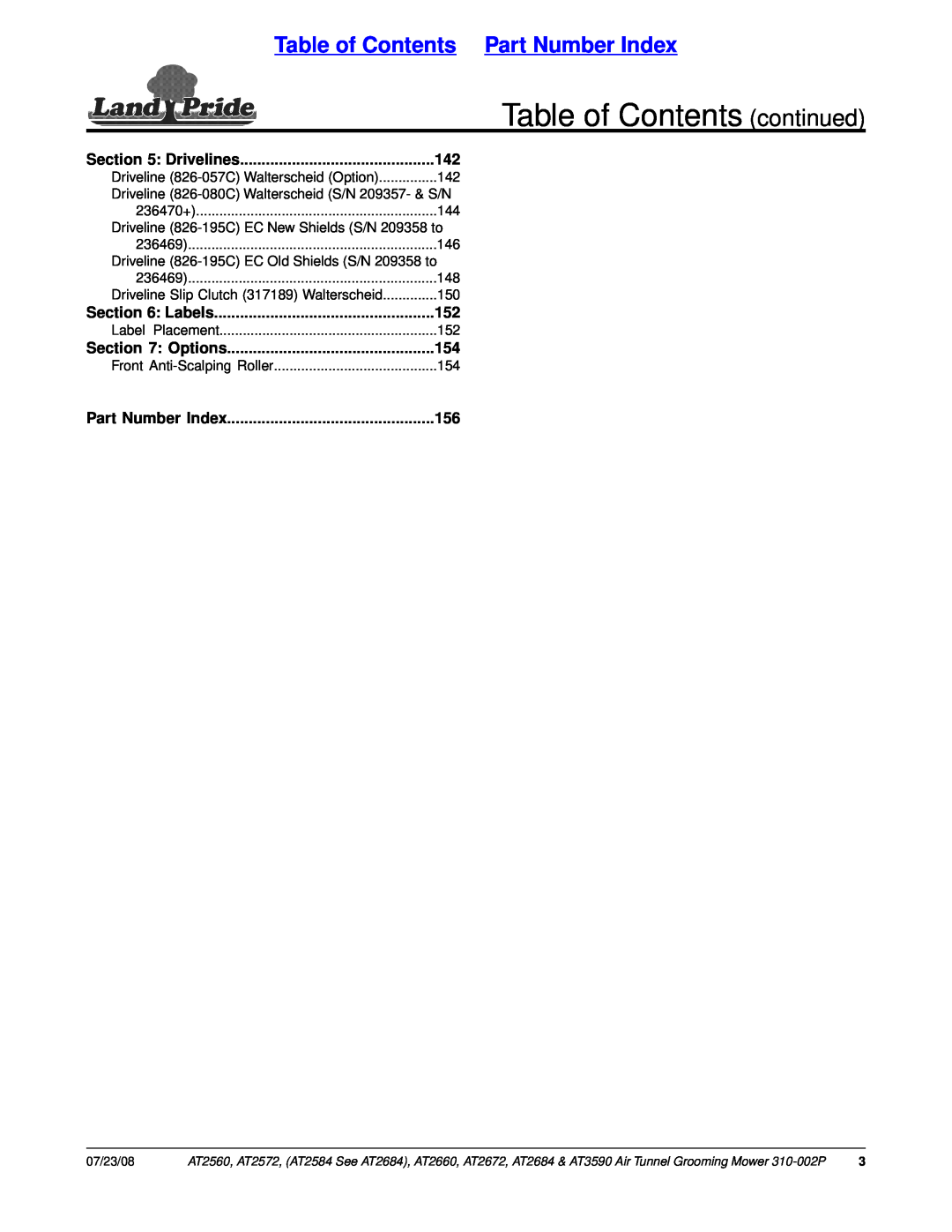Land Pride AT2584, AT2684 Table of Contents continued, Table of Contents Part Number Index, Drivelines, Labels, Options 