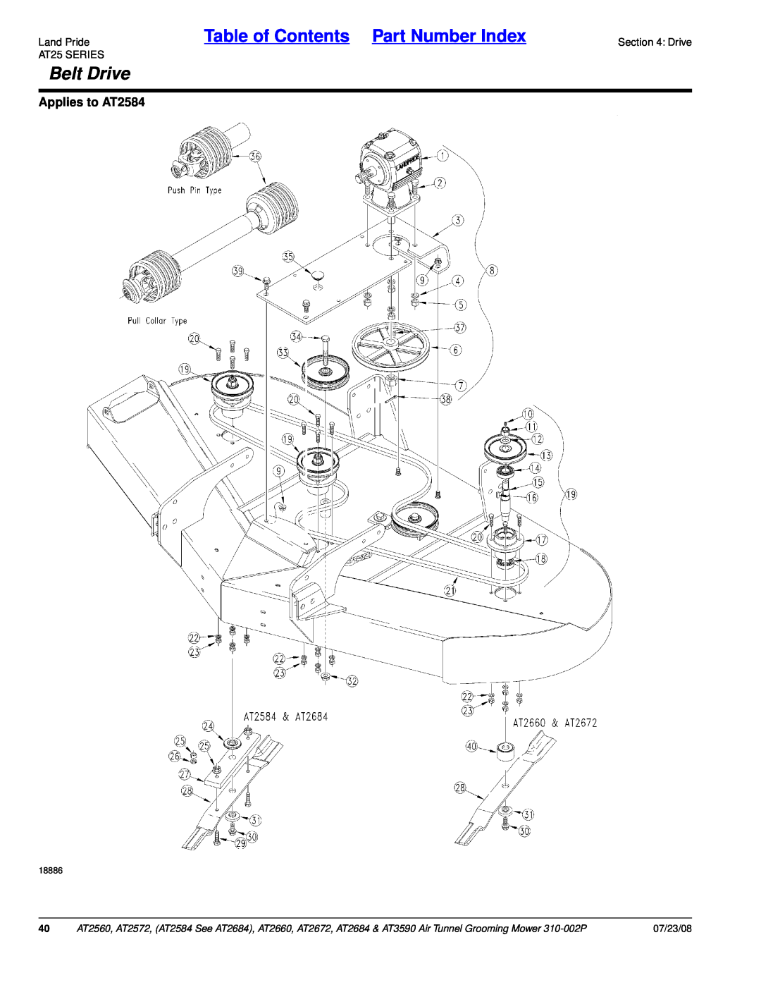 Land Pride AT2684, AT3590, AT2672 manual Belt Drive, Table of Contents Part Number Index, Applies to AT2584, 07/23/08, 18886 