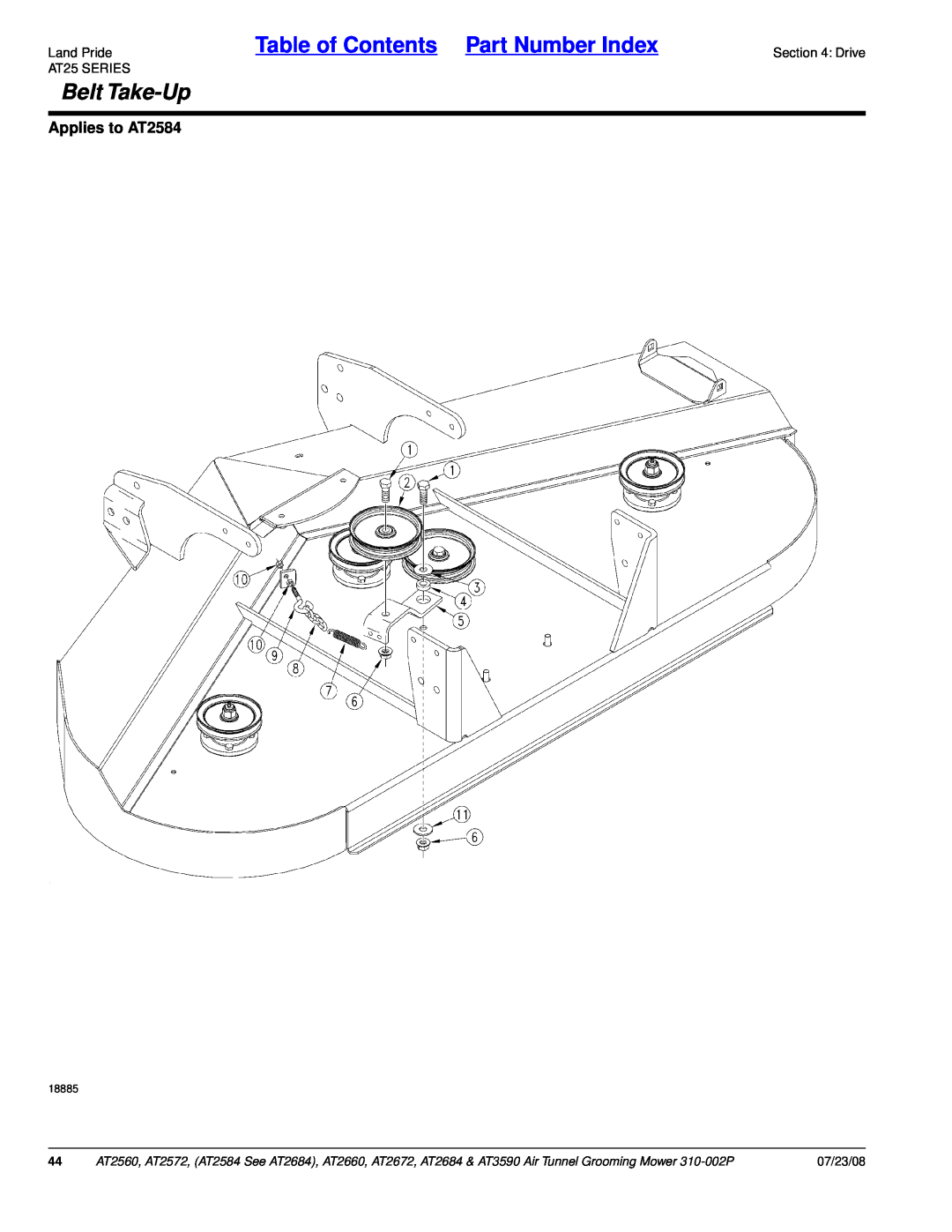Land Pride AT2660, AT2684, AT3590 Belt Take-Up, Table of Contents Part Number Index, Applies to AT2584, 07/23/08, 18885 