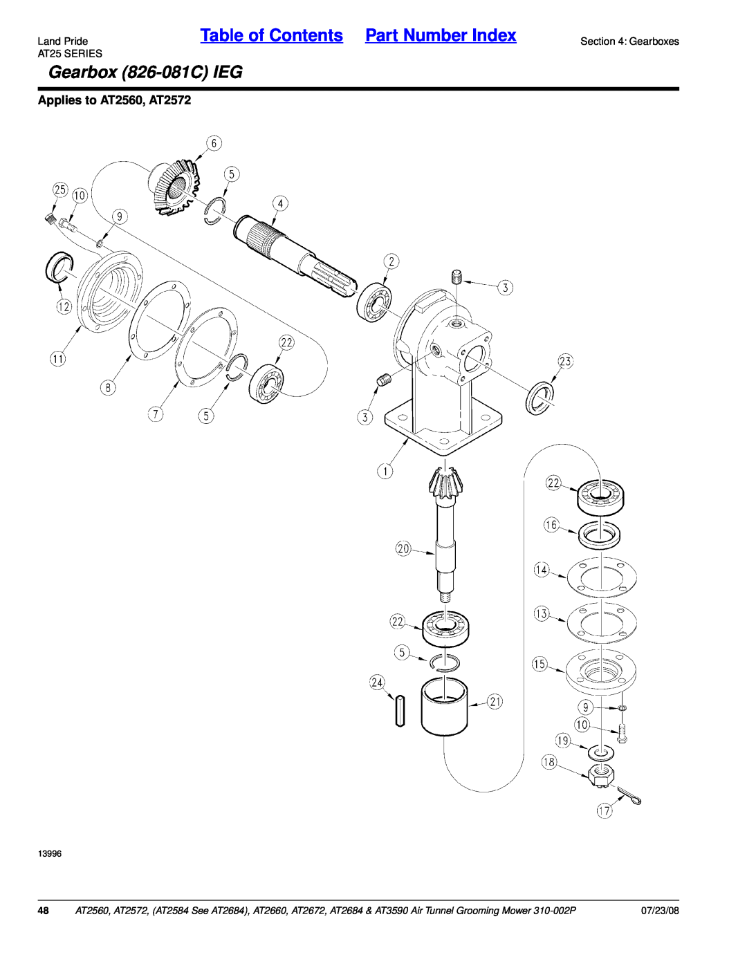 Land Pride AT2584 Gearbox 826-081CIEG, Land PrideTable of Contents Part Number Index, Applies to AT2560, AT2572, 07/23/08 