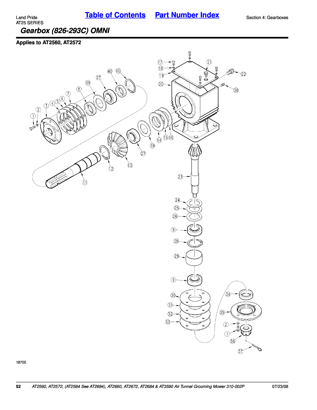 Land Pride AT2672 Gearbox 826-293COMNI, Land PrideTable of Contents Part Number Index, Applies to AT2560, AT2572, 07/23/08 