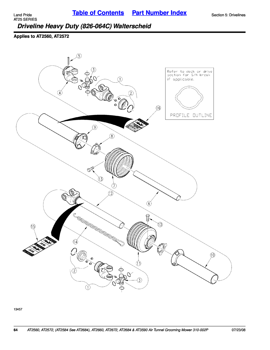 Land Pride AT2660, AT2684 Driveline Heavy Duty 826-064CWalterscheid, Table of Contents Part Number Index, 07/23/08, 13457 