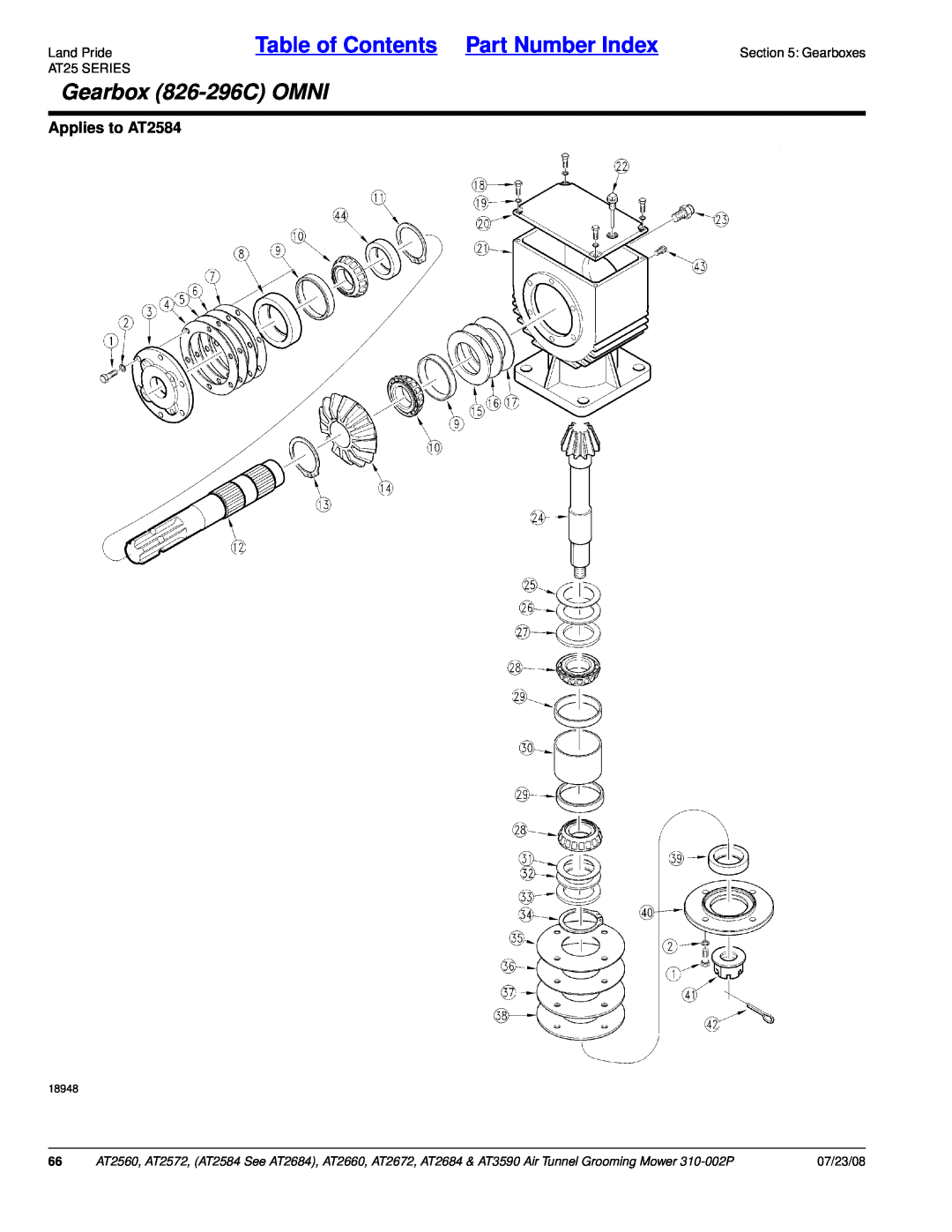 Land Pride AT3590 Gearbox 826-296COMNI, Land PrideTable of Contents Part Number Index, Applies to AT2584, 07/23/08, 18948 