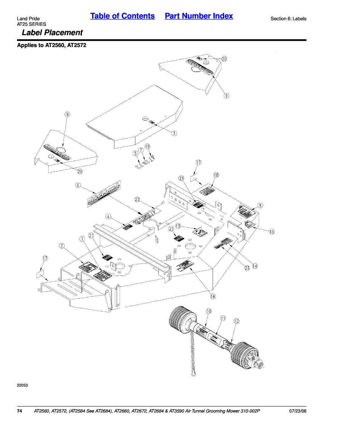 Land Pride AT2660, AT2684 Label Placement, Table of Contents Part Number Index, Applies to AT2560, AT2572, 07/23/08, 22053 