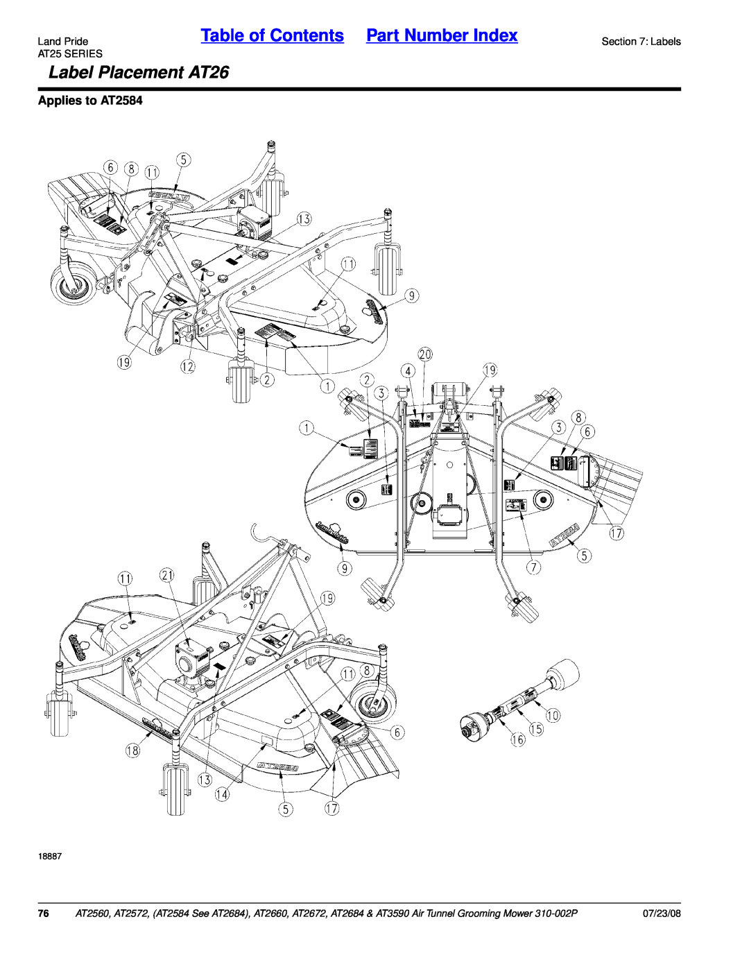Land Pride AT3590 Label Placement AT26, Land PrideTable of Contents Part Number Index, Applies to AT2584, 07/23/08, 18887 