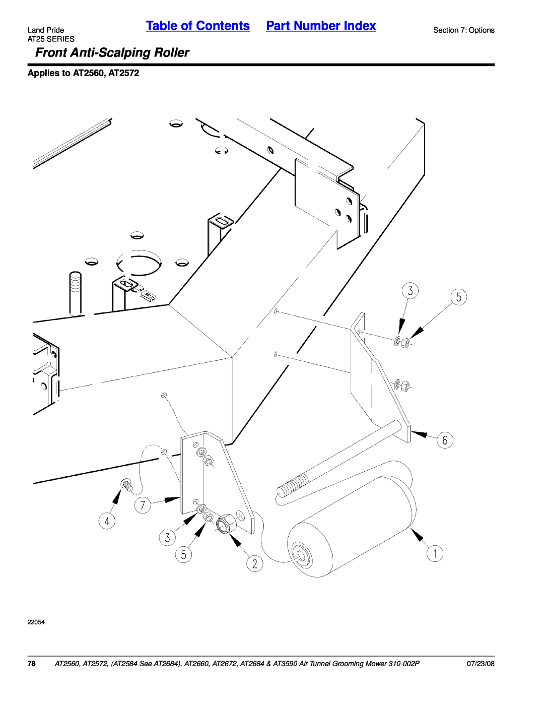 Land Pride AT2584 Front Anti-ScalpingRoller, Land PrideTable of Contents Part Number Index, Applies to AT2560, AT2572 