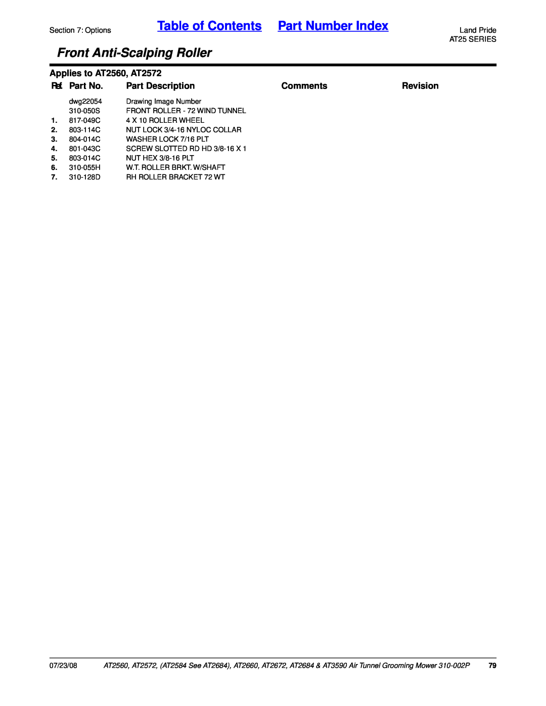 Land Pride AT2660 Table of Contents Part Number Index, Front Anti-ScalpingRoller, Applies to AT2560, AT2572, Ref. Part No 