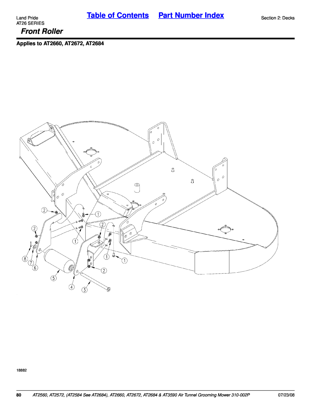 Land Pride manual Applies to AT2660, AT2672, AT2684, Table of Contents Part Number Index, Front Roller, 07/23/08, 18882 