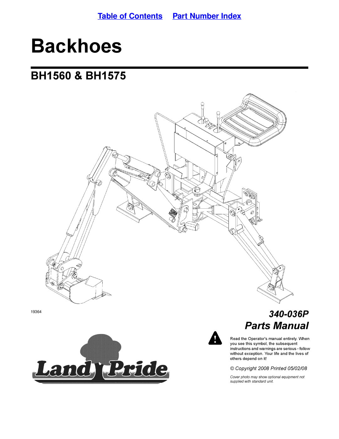 Land Pride BH1560, BH1575 manual Backhoes 