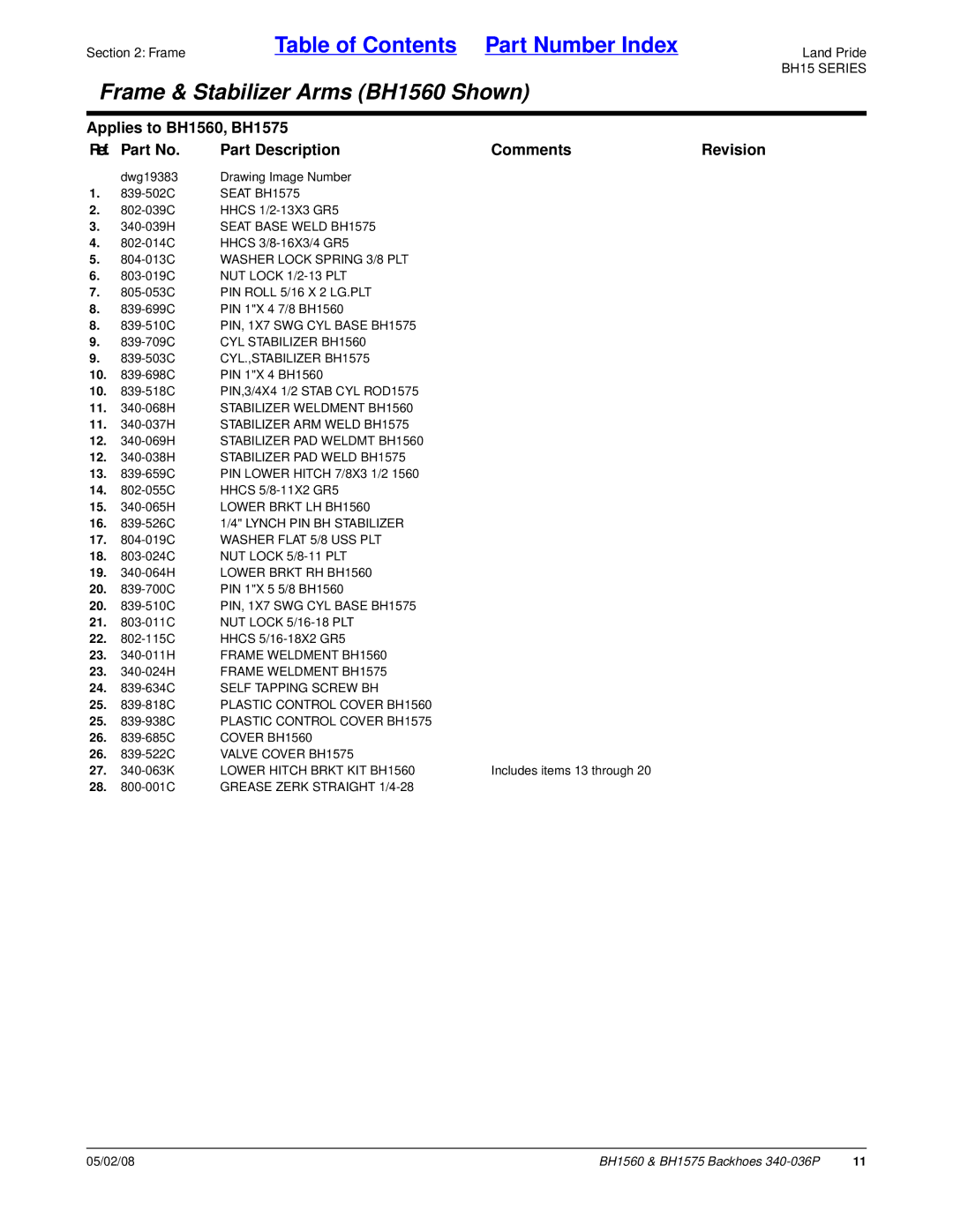 Land Pride BH1575 manual 804-013C Washer Lock Spring 3/8 PLT, 16 -526C 1/4 Lynch PIN BH Stabilizer, Cover BH1560 