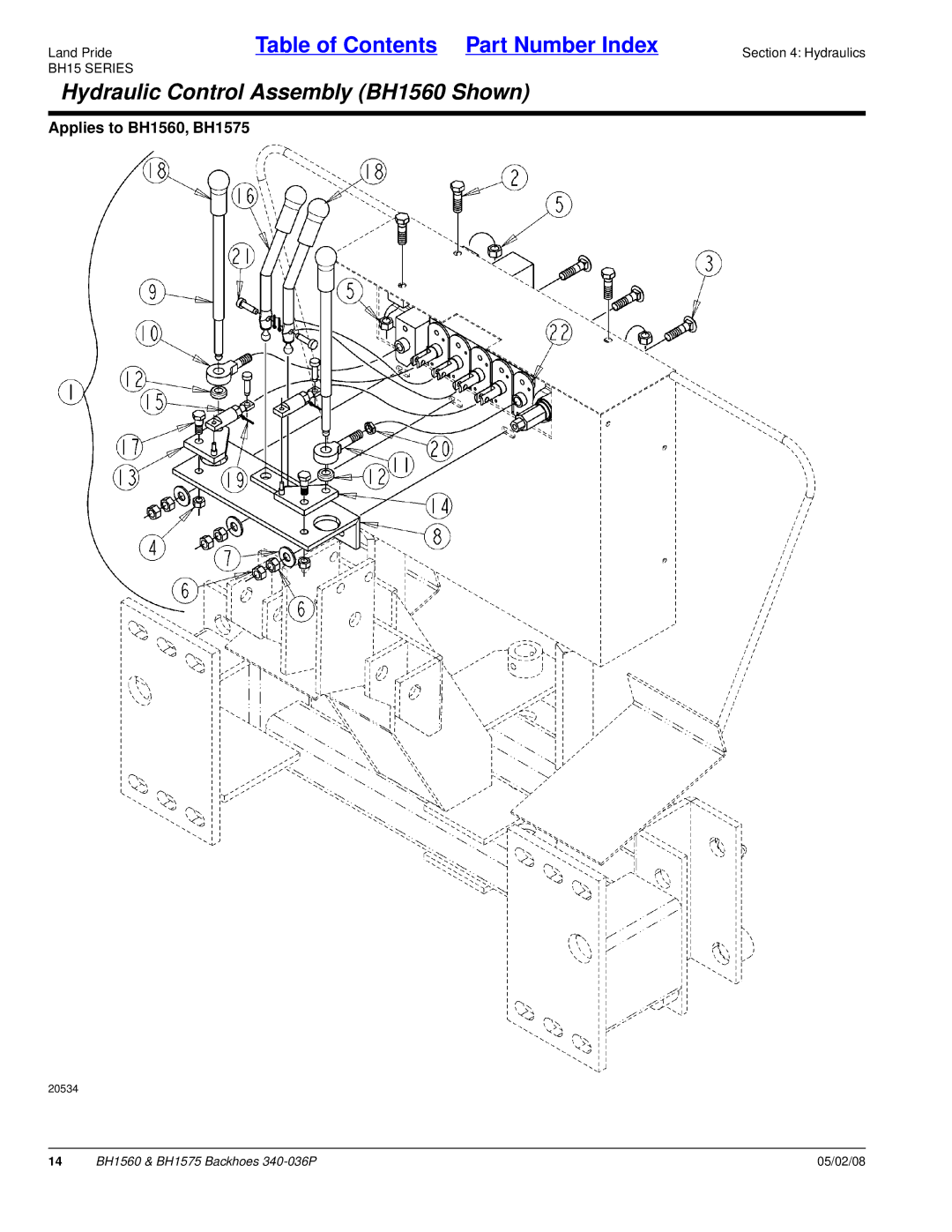 Land Pride BH1575 manual Hydraulic Control Assembly BH1560 Shown 