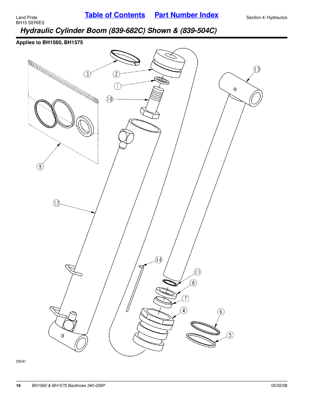 Land Pride BH1575, BH1560 manual Hydraulic Cylinder Boom 839-682C Shown & 839-504C 