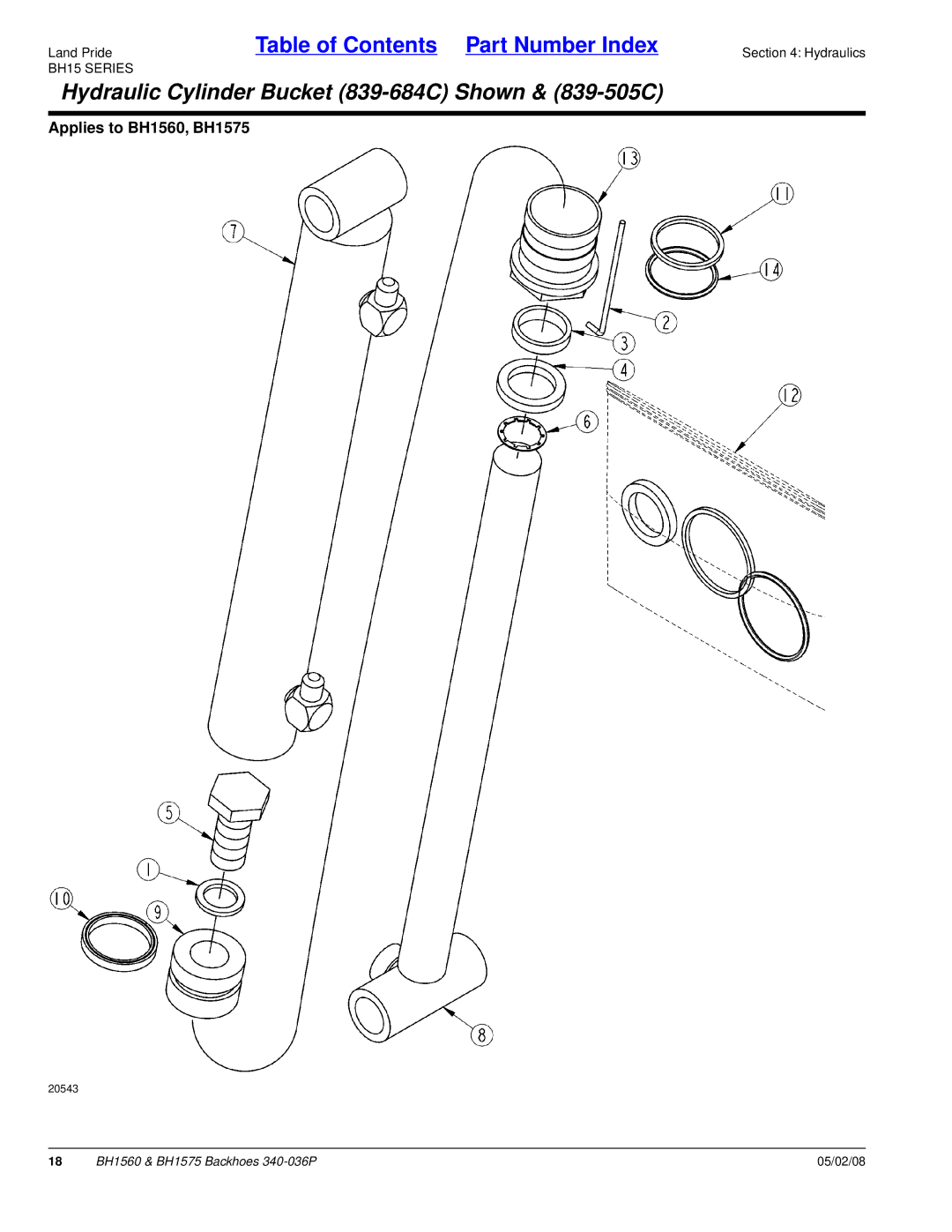 Land Pride BH1575, BH1560 manual Hydraulic Cylinder Bucket 839-684C Shown & 839-505C 