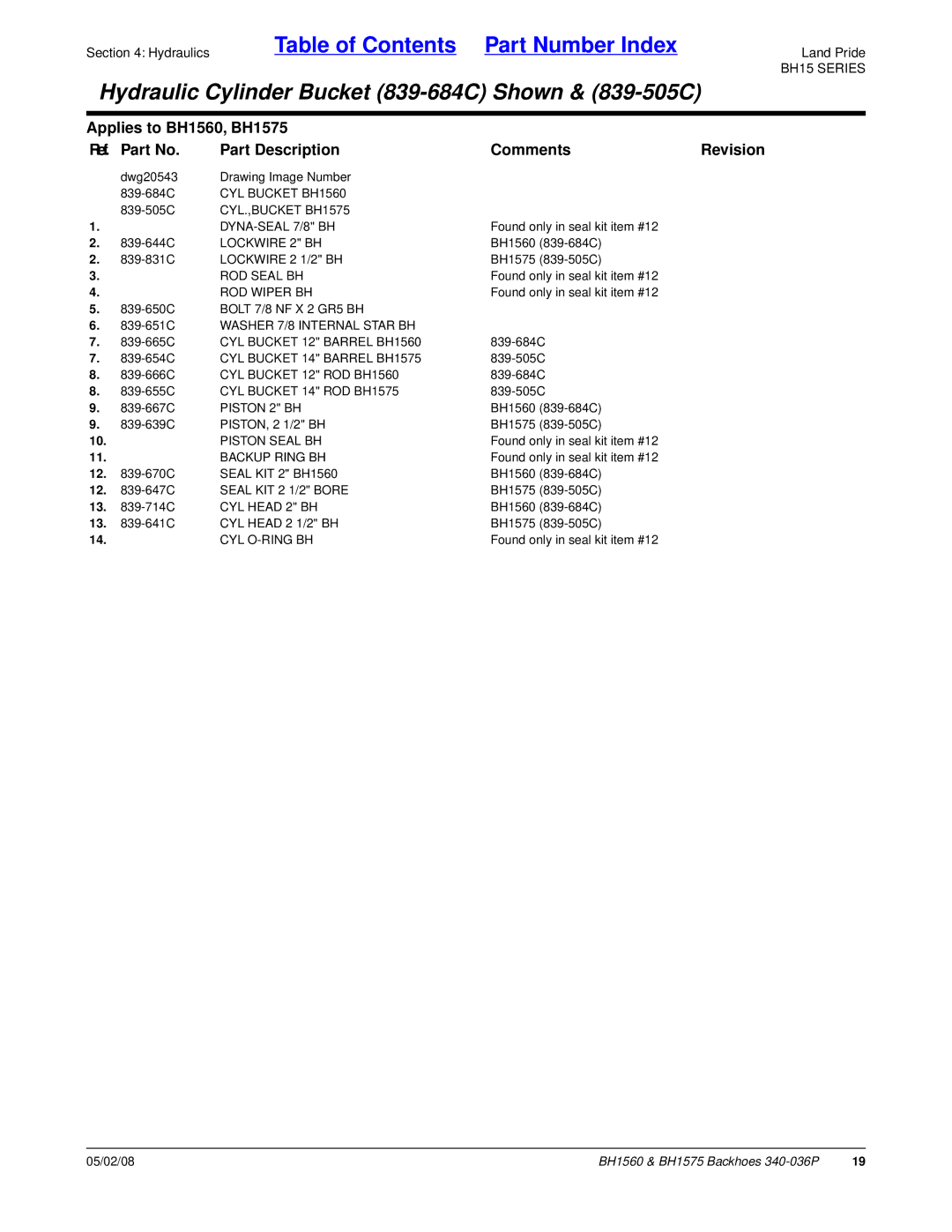 Land Pride manual CYL Bucket BH1560, CYL.,BUCKET BH1575 DYNA-SEAL 7/8 BH, Lockwire 2 BH, Lockwire 2 1/2 BH, ROD Seal BH 