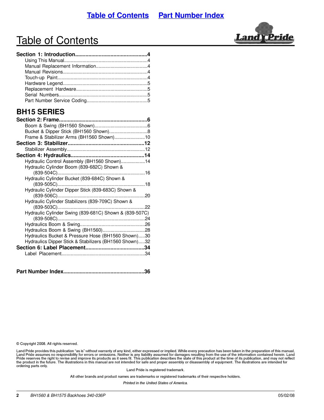 Land Pride BH1575, BH1560 manual Table of Contents 