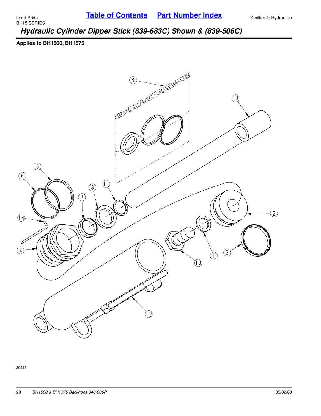 Land Pride BH1575, BH1560 manual Hydraulic Cylinder Dipper Stick 839-683C Shown & 839-506C 