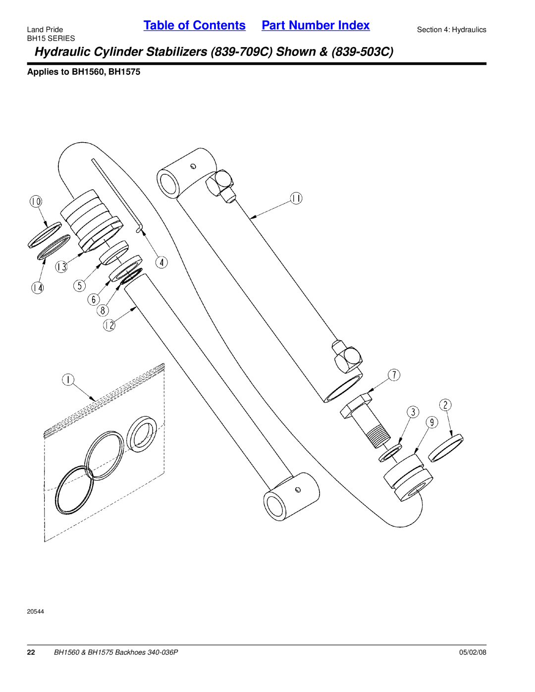 Land Pride BH1575, BH1560 manual Hydraulic Cylinder Stabilizers 839-709C Shown & 839-503C 