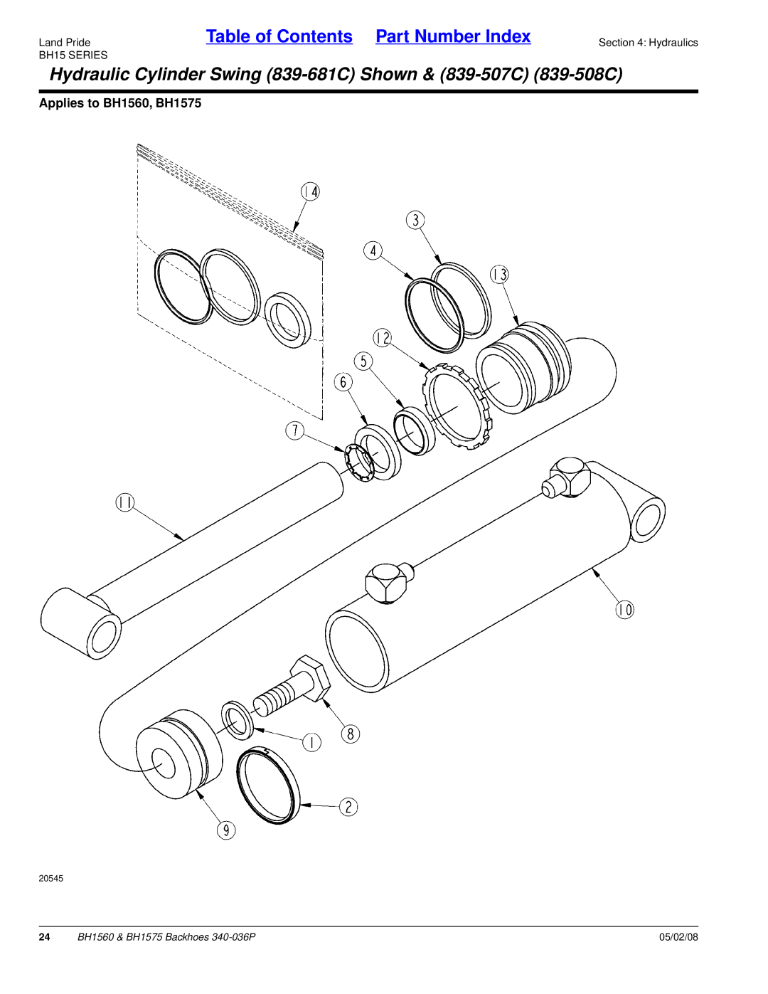 Land Pride BH1575, BH1560 manual Hydraulic Cylinder Swing 839-681C Shown & 839-507C 839-508C 