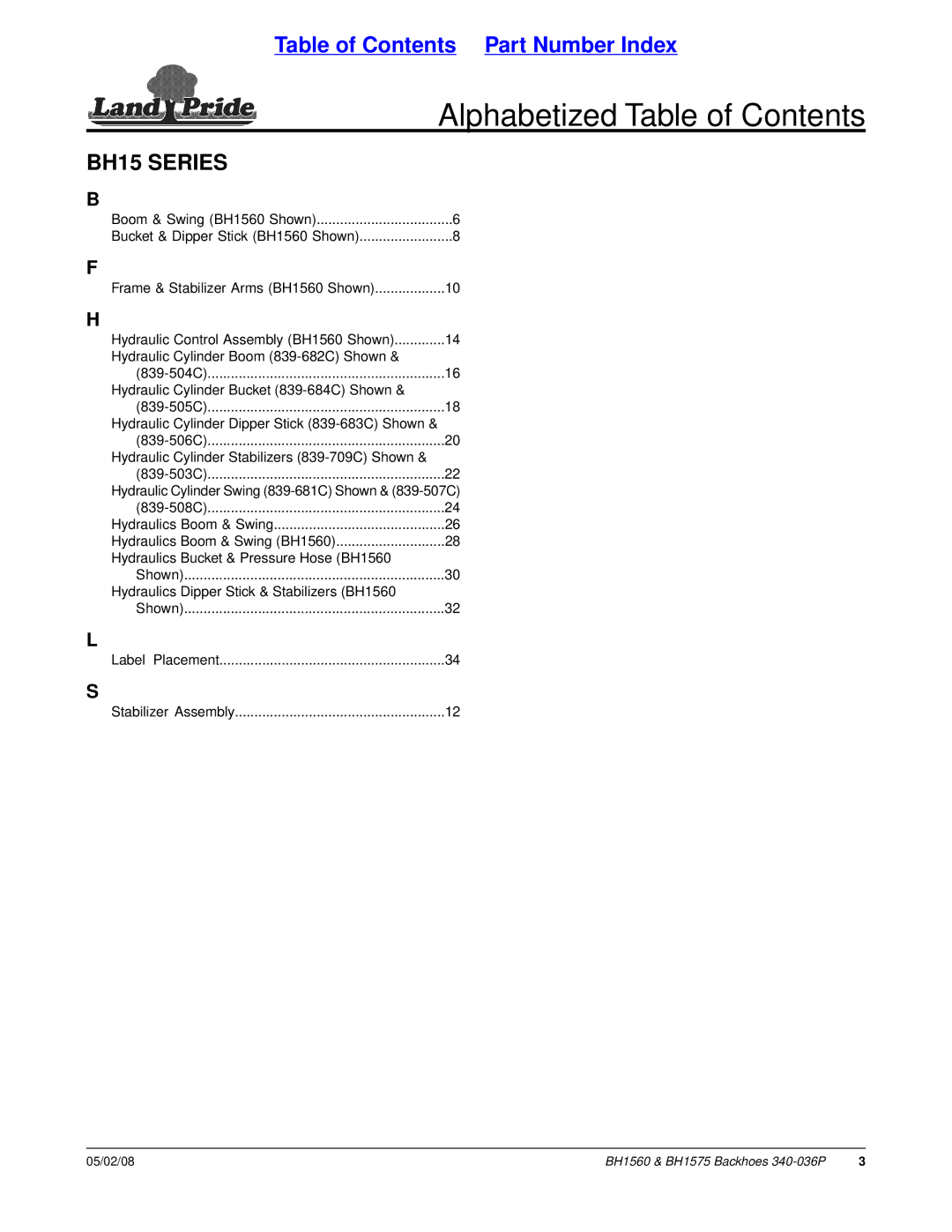 Land Pride BH1560, BH1575 manual Alphabetized Table of Contents 