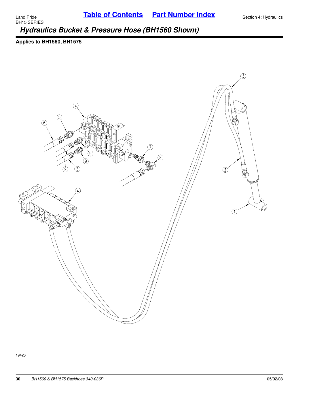 Land Pride BH1575 manual Hydraulics Bucket & Pressure Hose BH1560 Shown 