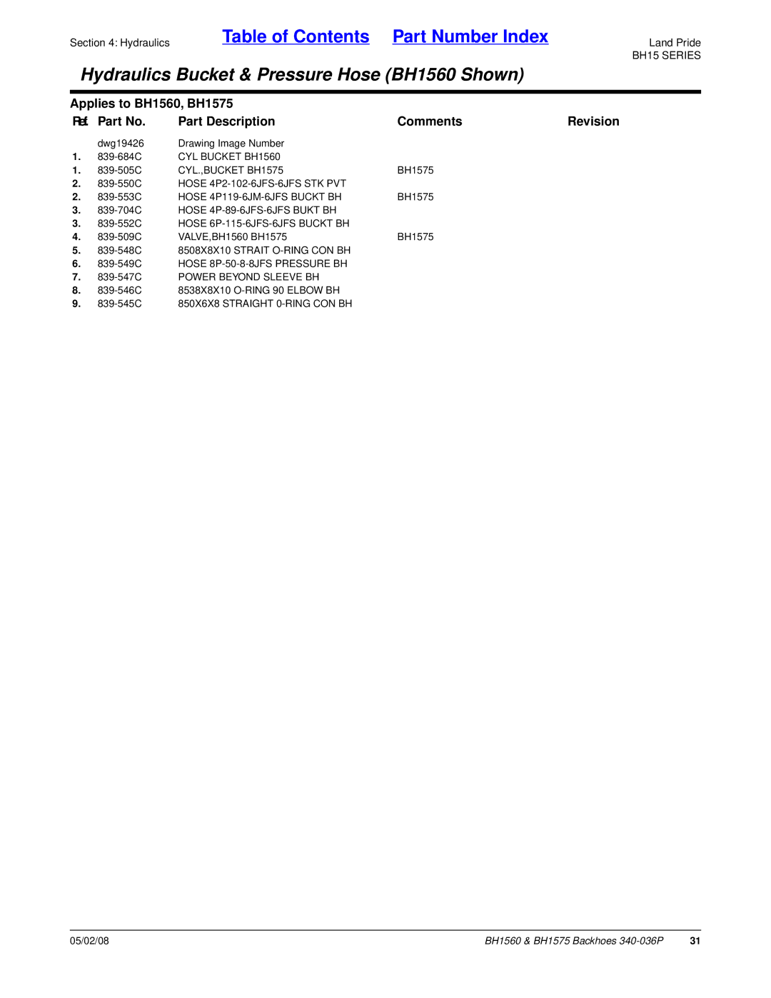 Land Pride BH1560, BH1575 manual Hose 4P119-6JM-6JFS Buckt BH, 839-547C Power Beyond Sleeve BH 