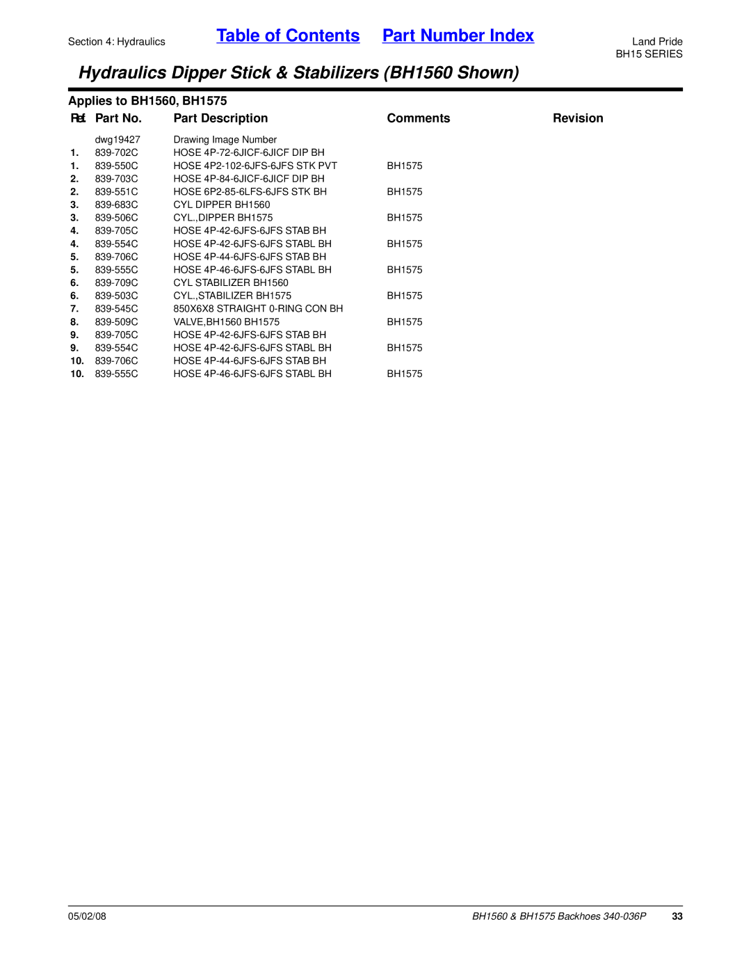 Land Pride BH1560, BH1575 manual Hose 4P2-102-6JFS-6JFS STK PVT, Hose 6P2-85-6LFS-6JFS STK BH, Hose 4P-42-6JFS-6JFS Stabl BH 