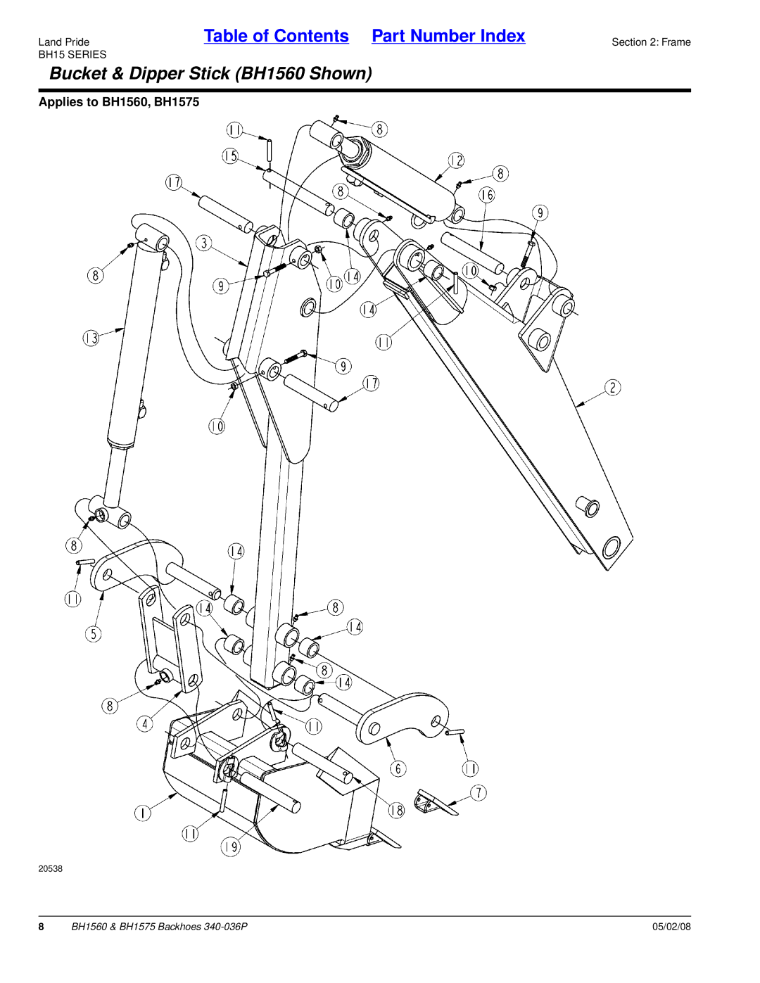 Land Pride BH1575 manual Bucket & Dipper Stick BH1560 Shown 