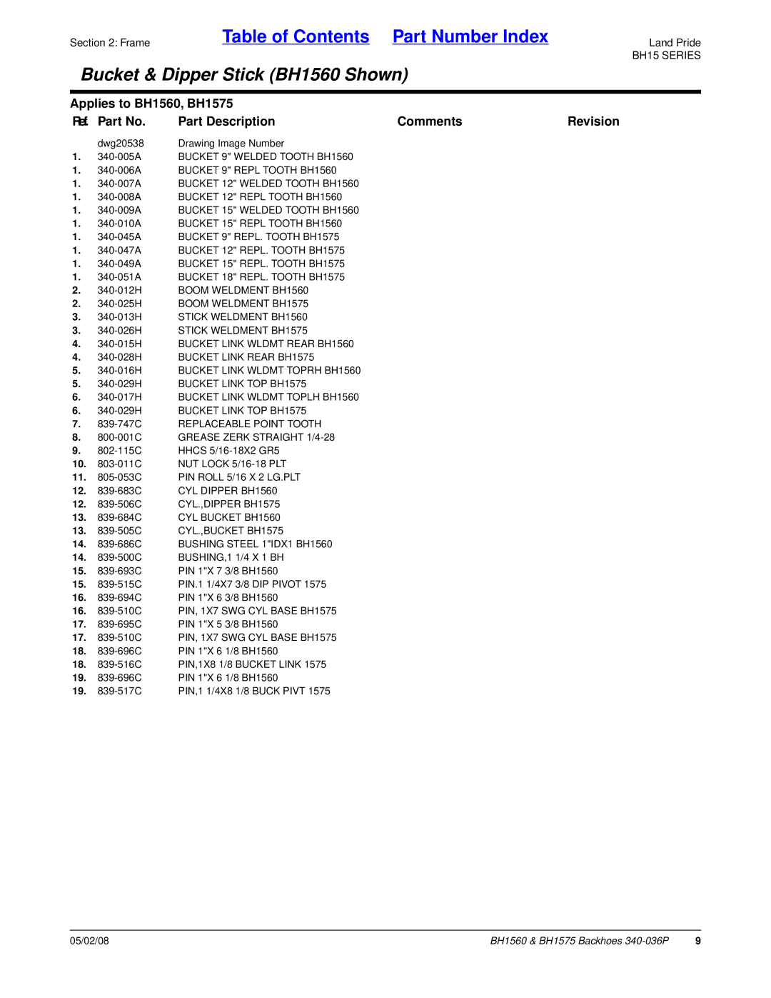 Land Pride manual 340-015H Bucket Link Wldmt Rear BH1560, 340-016H Bucket Link Wldmt Toprh BH1560, CYL.,DIPPER BH1575 