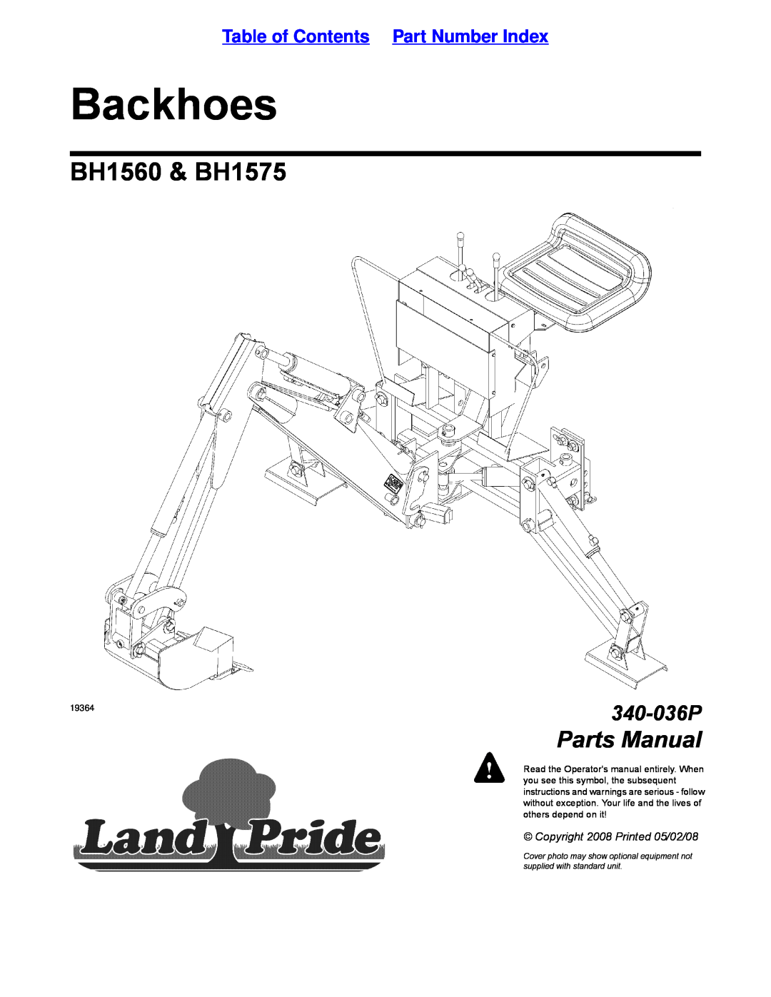 Land Pride manual Table of Contents Part Number Index, Backhoes, BH1560 & BH1575, Parts Manual, 340-036P 