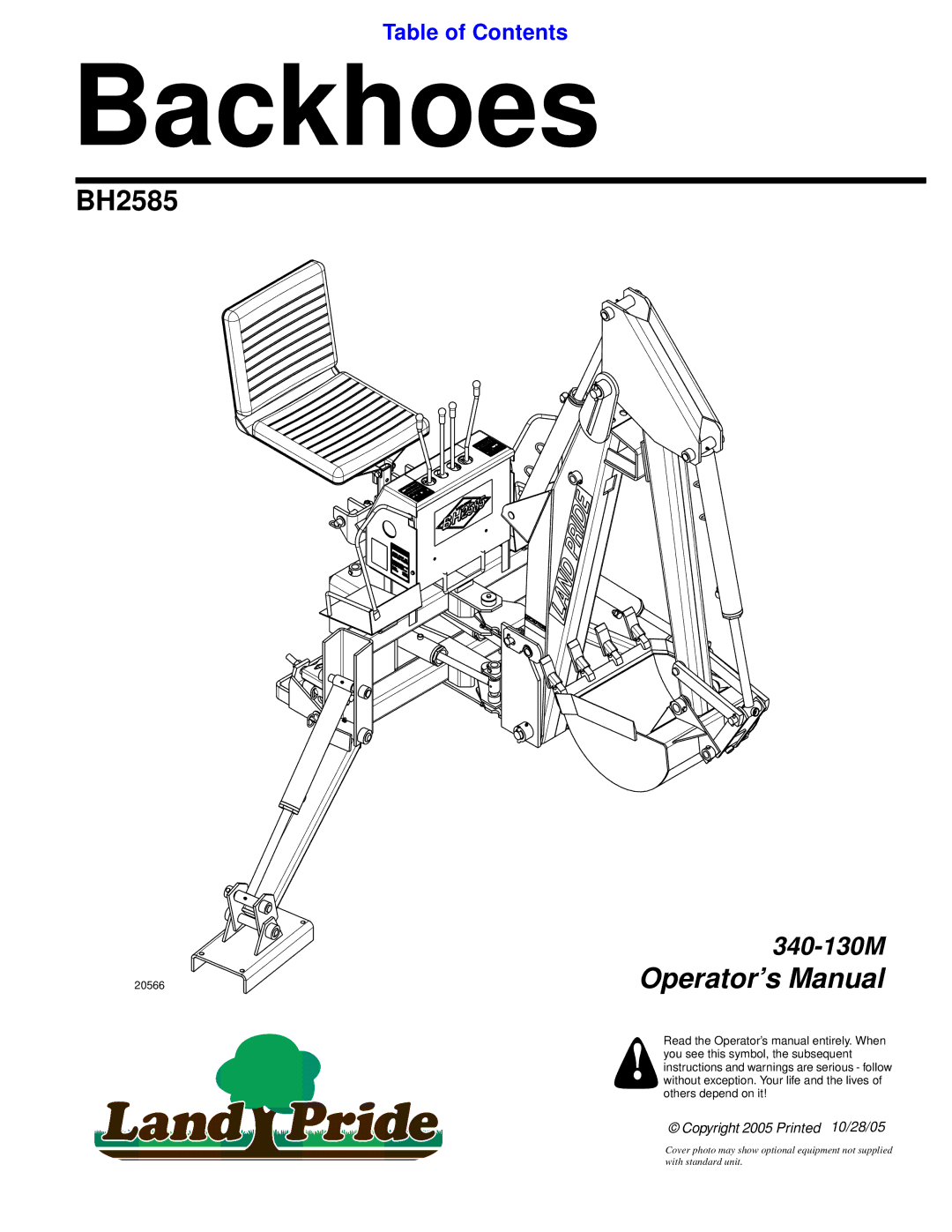 Land Pride BH2585 manual Backhoes 