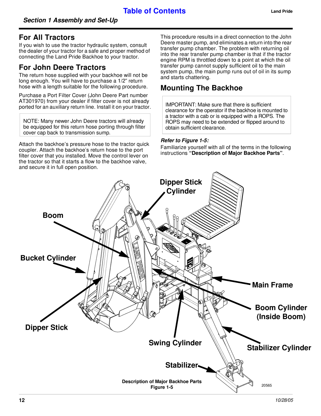 Land Pride BH2585 manual For All Tractors, For John Deere Tractors, Mounting The Backhoe 