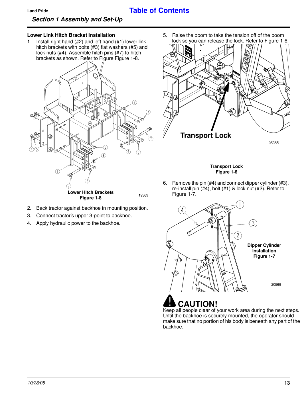 Land Pride BH2585 manual Transport Lock, Lower Link Hitch Bracket Installation 