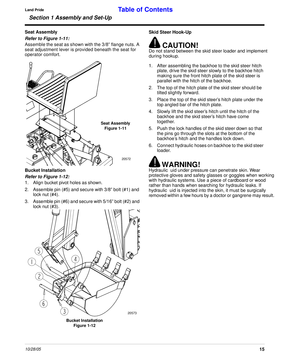 Land Pride BH2585 manual Seat Assembly, Bucket Installation, Skid Steer Hook-Up 