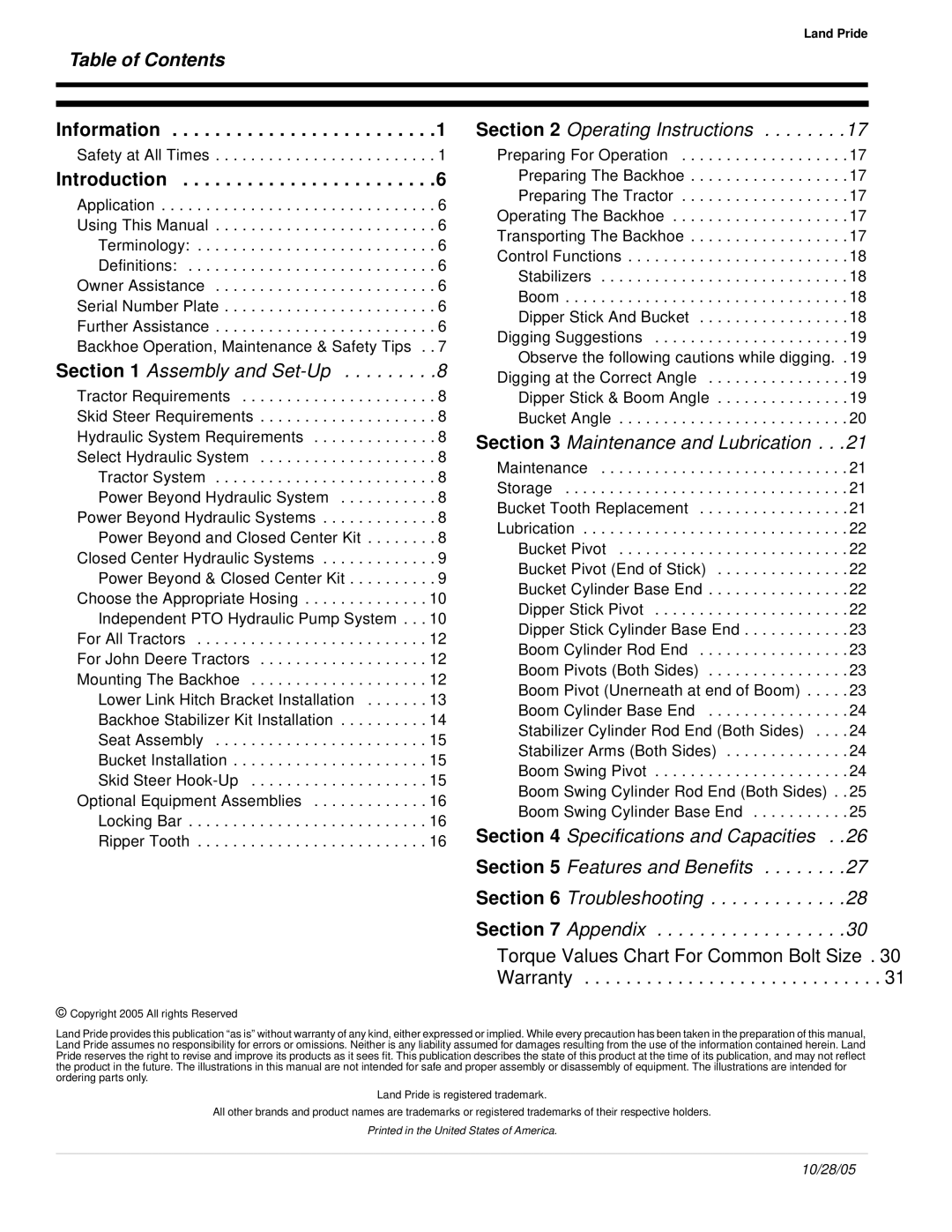 Land Pride BH2585 manual Table of Contents 