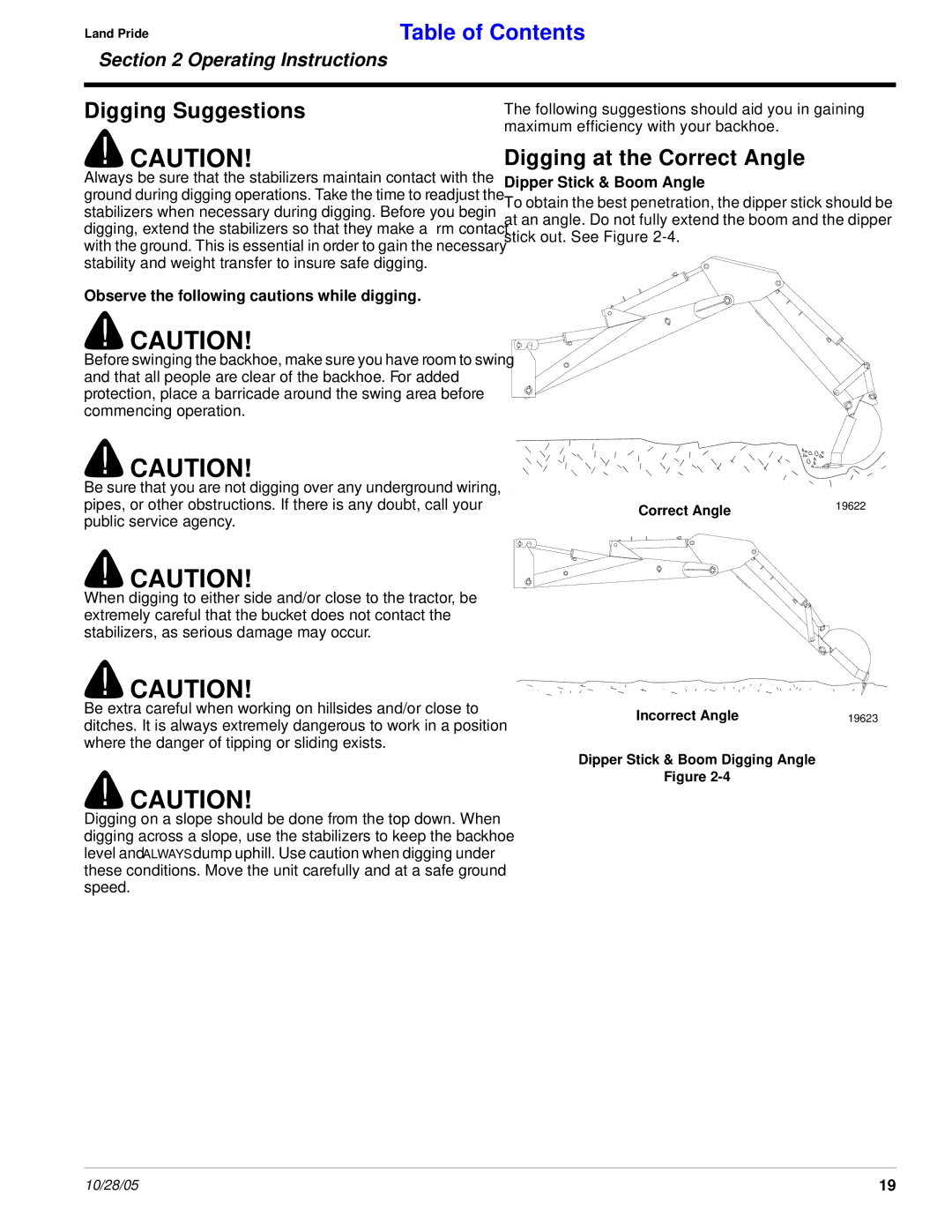 Land Pride BH2585 manual Digging Suggestions, Digging at the Correct Angle, Observe the following cautions while digging 