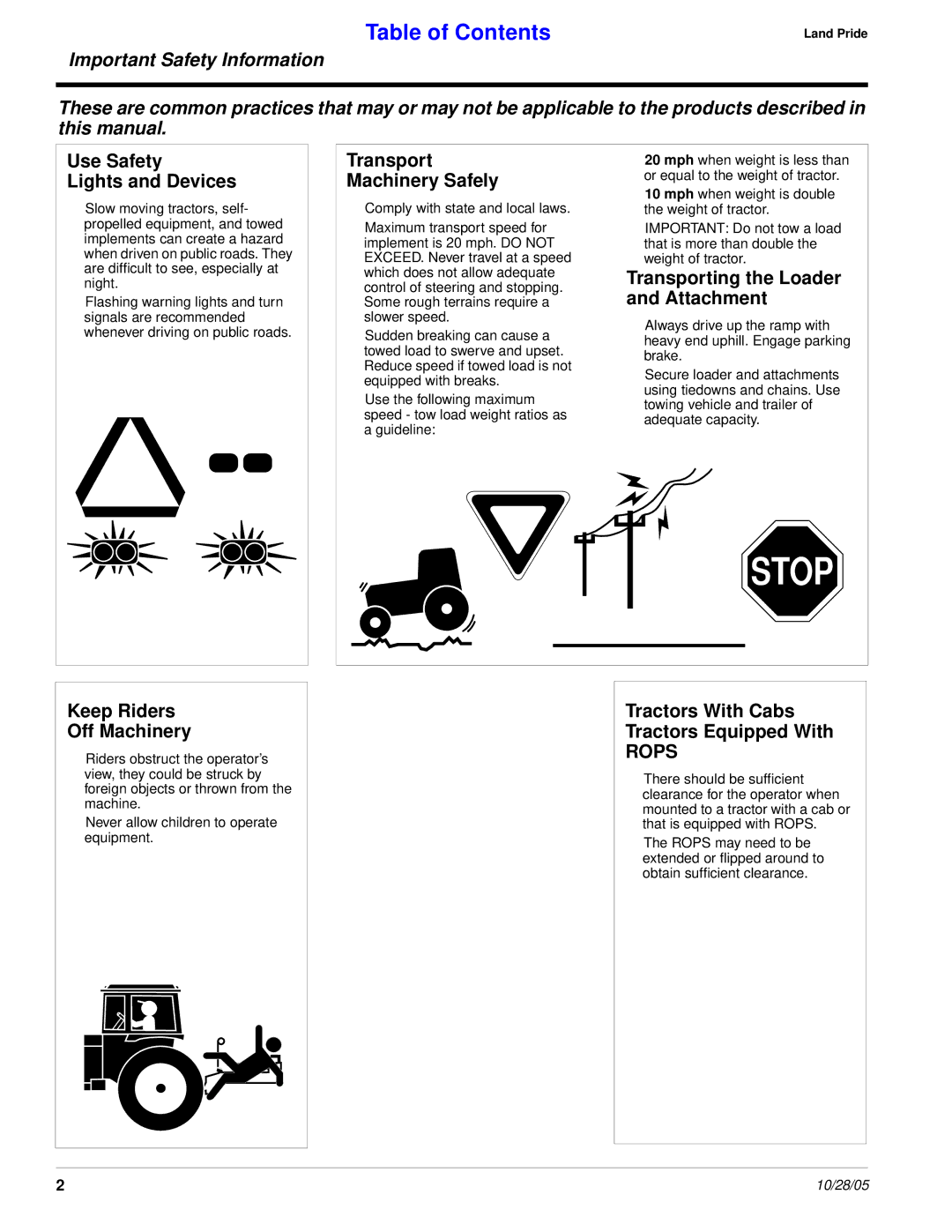 Land Pride BH2585 manual Use Safety Lights and Devices, Transport Machinery Safely, Transporting the Loader and Attachment 