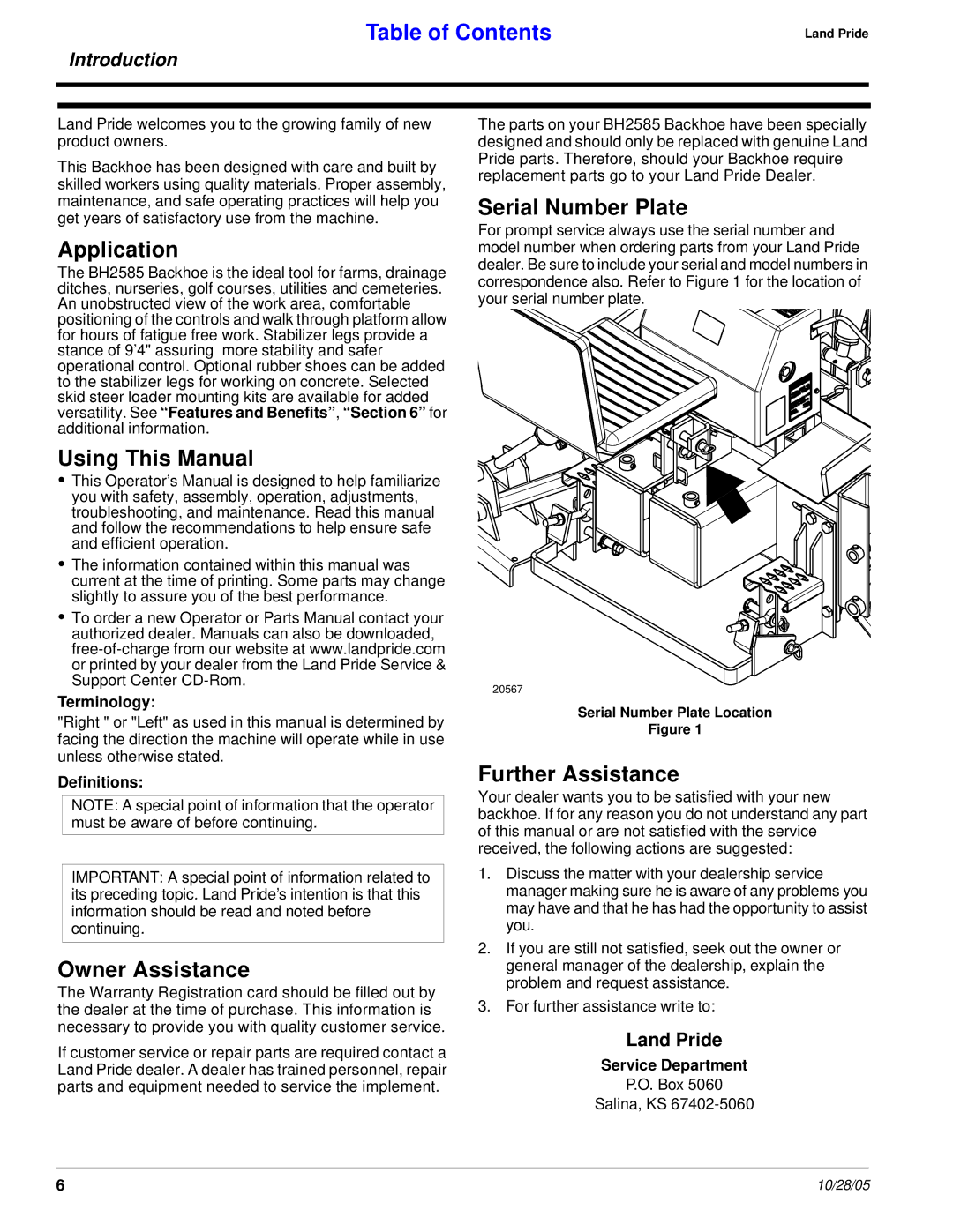 Land Pride BH2585 manual Application, Using This Manual, Owner Assistance, Serial Number Plate, Further Assistance 